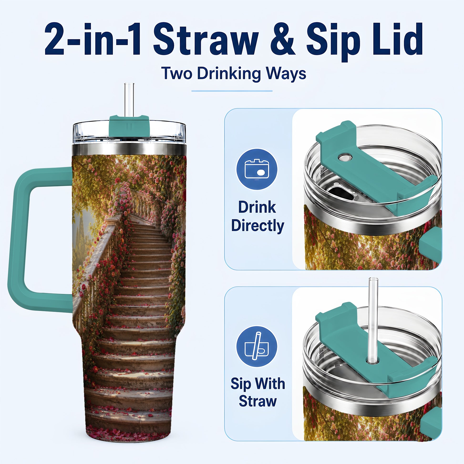 #pl[40oz|Green] Rose Garden Staircase 40oz Tumbler with Handle, Romantic Garden Art
