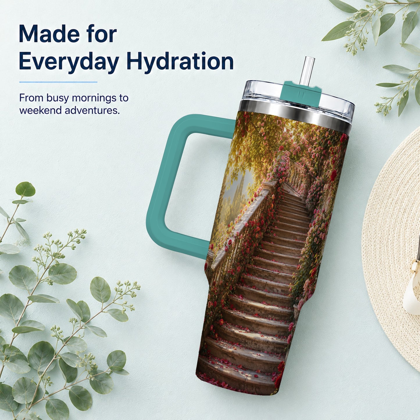 #pl[40oz|Green] Rose Garden Staircase 40oz Tumbler with Handle, Romantic Garden Art