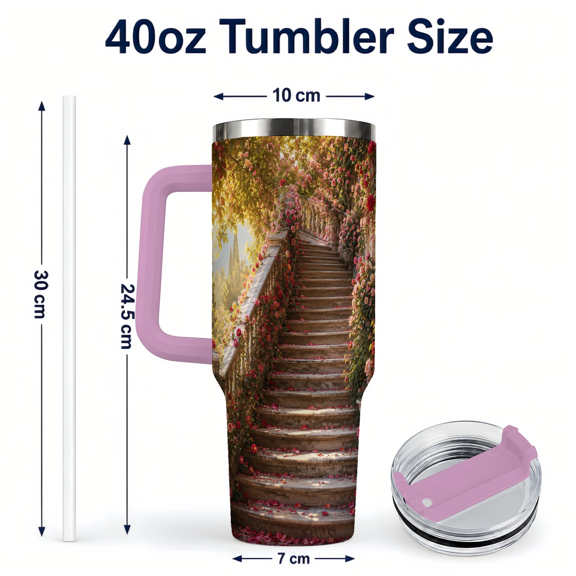 #pl[40oz|Pink] Rose Garden Staircase 40oz Tumbler with Handle, Romantic Garden Art
