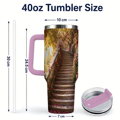 #pl[40oz|Pink] Rose Garden Staircase 40oz Tumbler with Handle, Romantic Garden Art