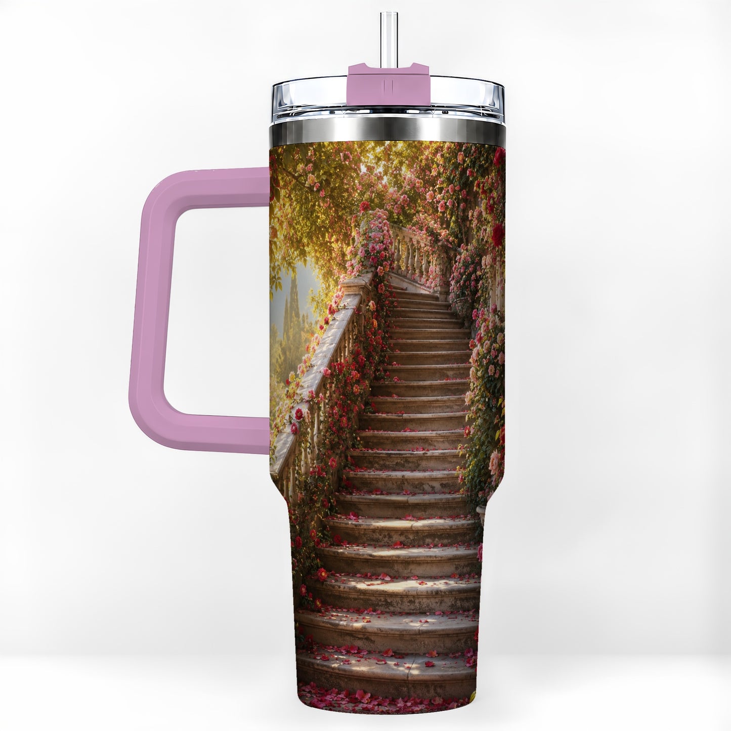 #pl[40oz|Pink] Rose Garden Staircase 40oz Tumbler with Handle, Romantic Garden Art