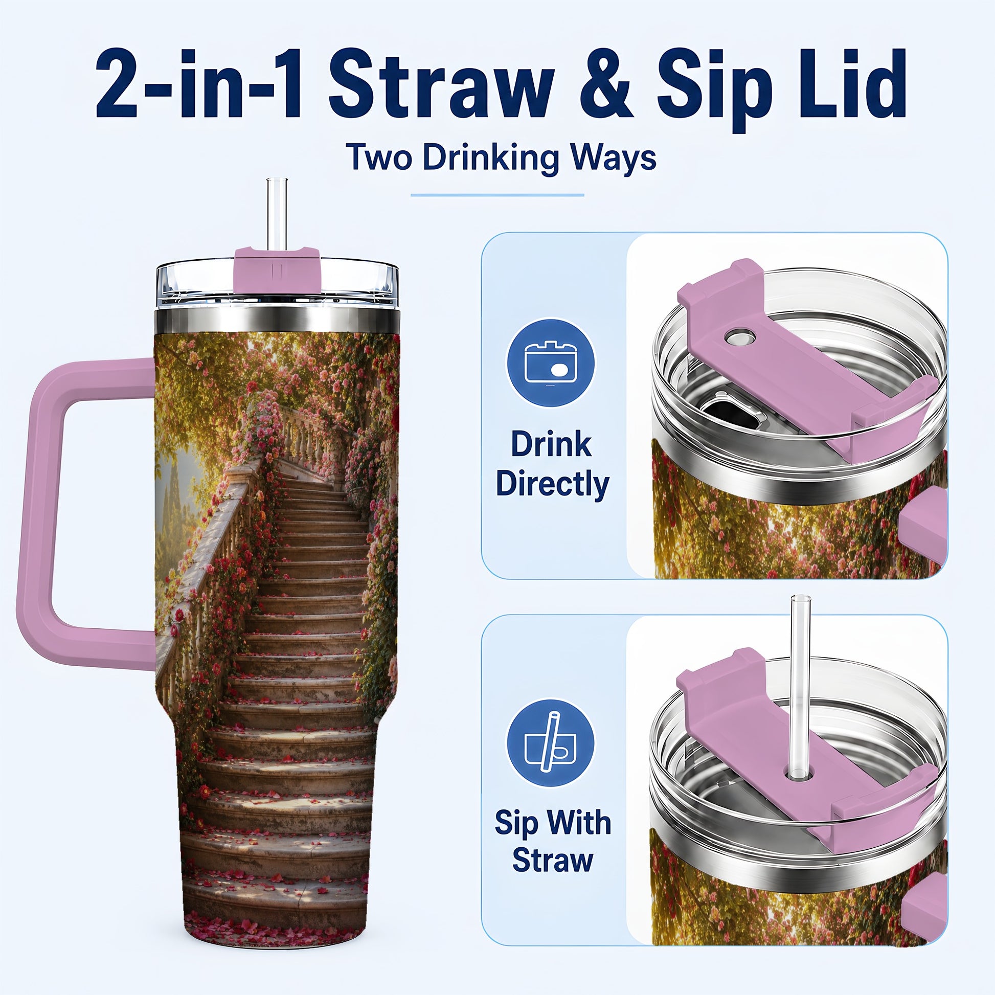 #pl[40oz|Pink] Rose Garden Staircase 40oz Tumbler with Handle, Romantic Garden Art