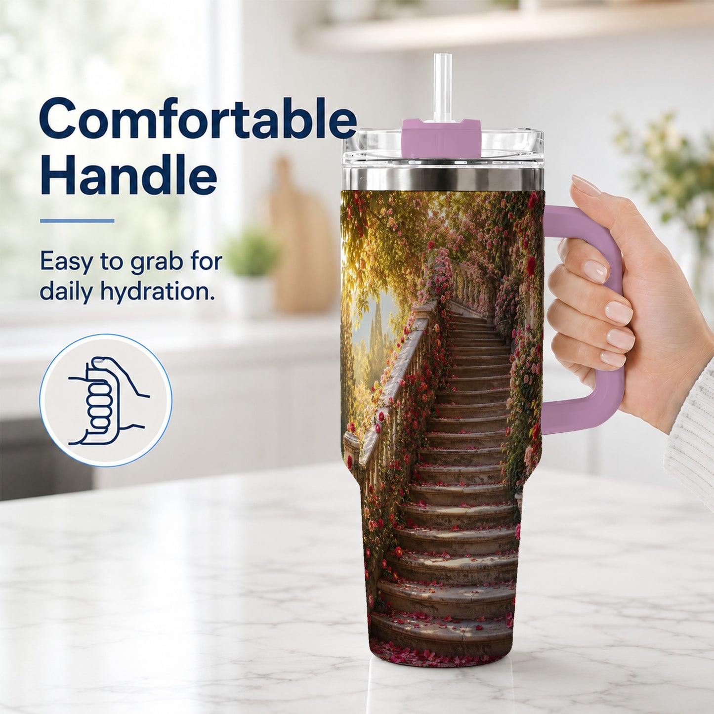 #pl[40oz|Pink] Rose Garden Staircase 40oz Tumbler with Handle, Romantic Garden Art