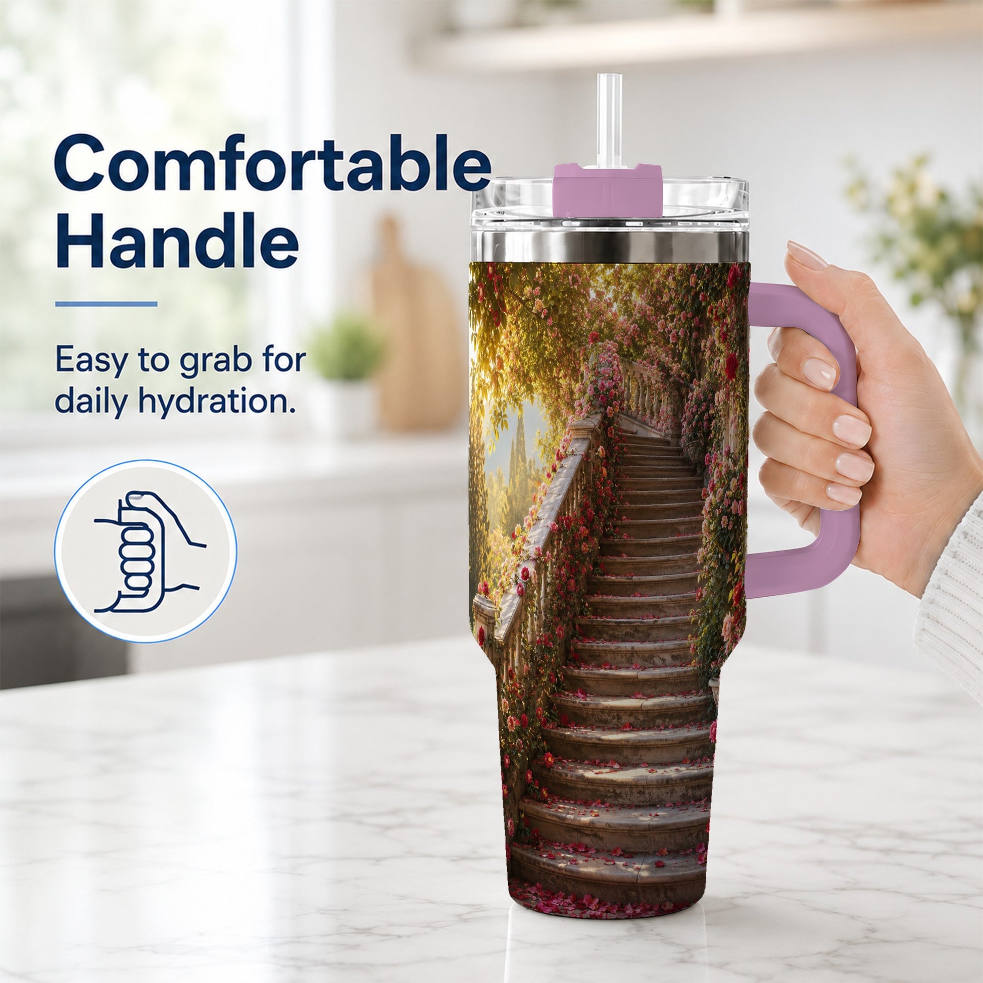 #pl[40oz|Pink] Rose Garden Staircase 40oz Tumbler with Handle, Romantic Garden Art