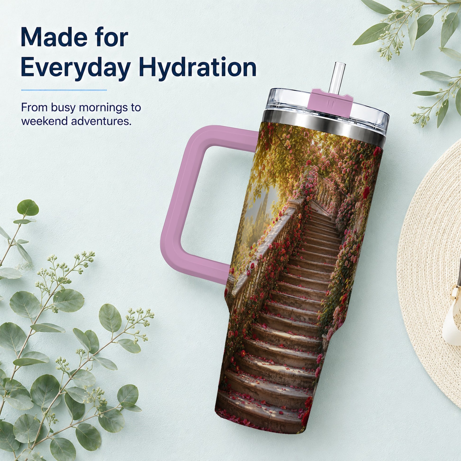 #pl[40oz|Pink] Rose Garden Staircase 40oz Tumbler with Handle, Romantic Garden Art