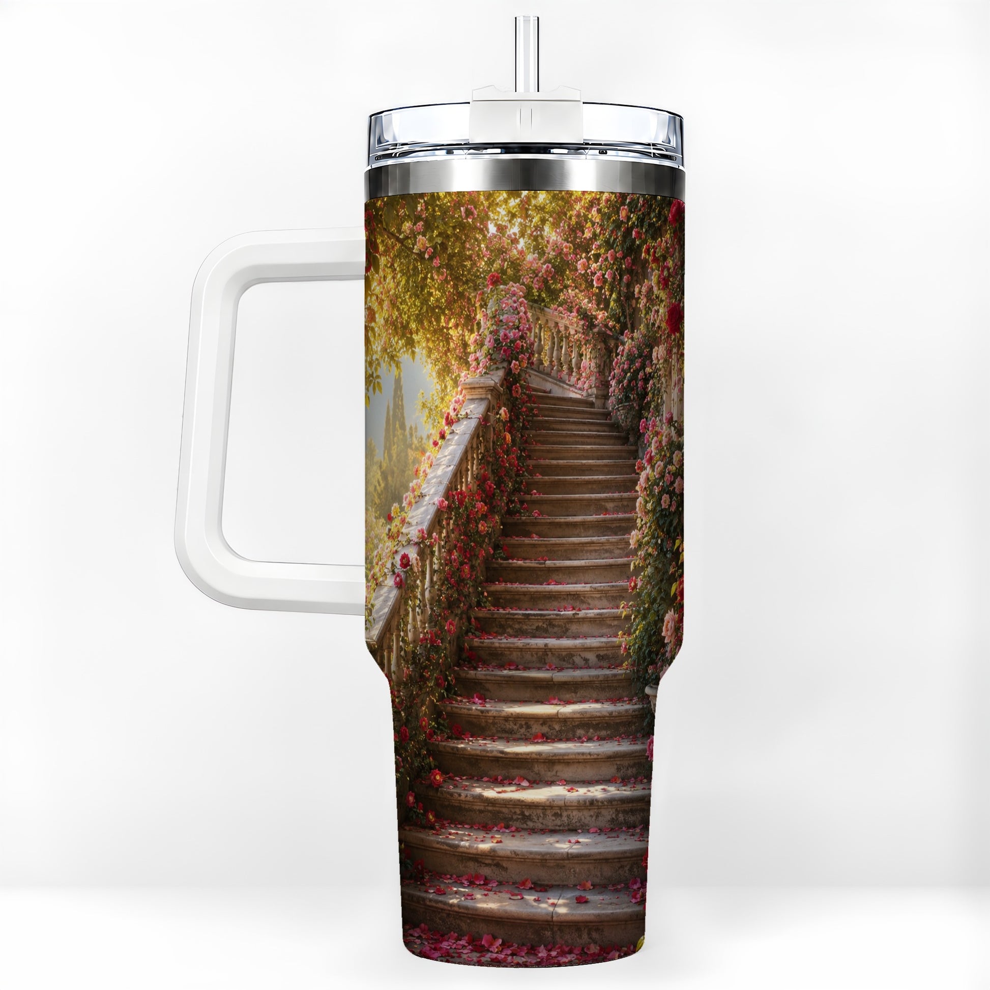 Rose Garden Staircase 40oz Tumbler with Handle, Romantic Garden Art