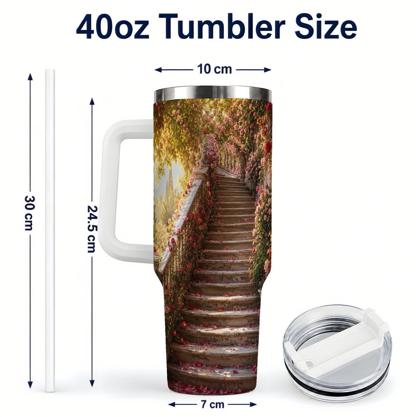 #pl[40oz|White] Rose Garden Staircase 40oz Tumbler with Handle, Romantic Garden Art