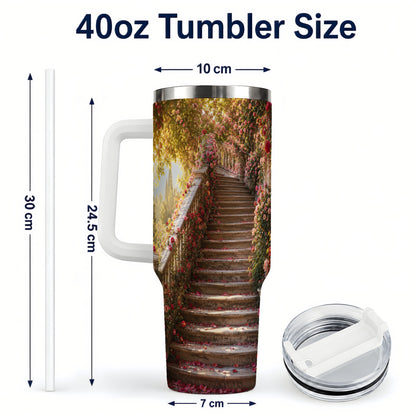#pl[40oz|White] Rose Garden Staircase 40oz Tumbler with Handle, Romantic Garden Art