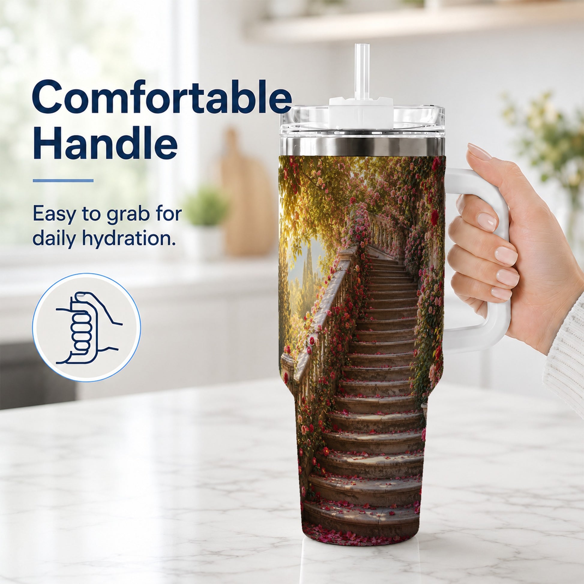 #pl[40oz|White] Rose Garden Staircase 40oz Tumbler with Handle, Romantic Garden Art