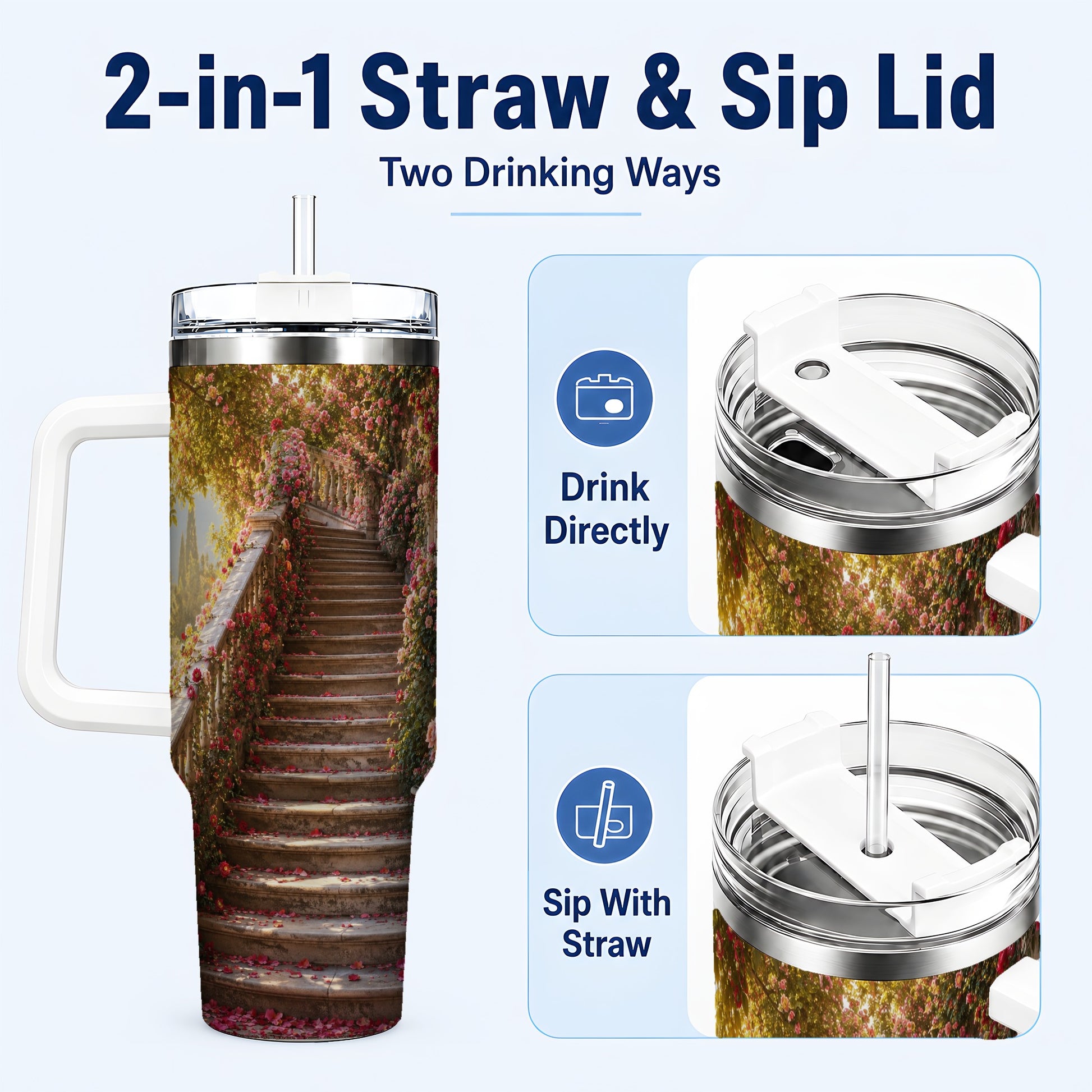 #pl[40oz|White] Rose Garden Staircase 40oz Tumbler with Handle, Romantic Garden Art