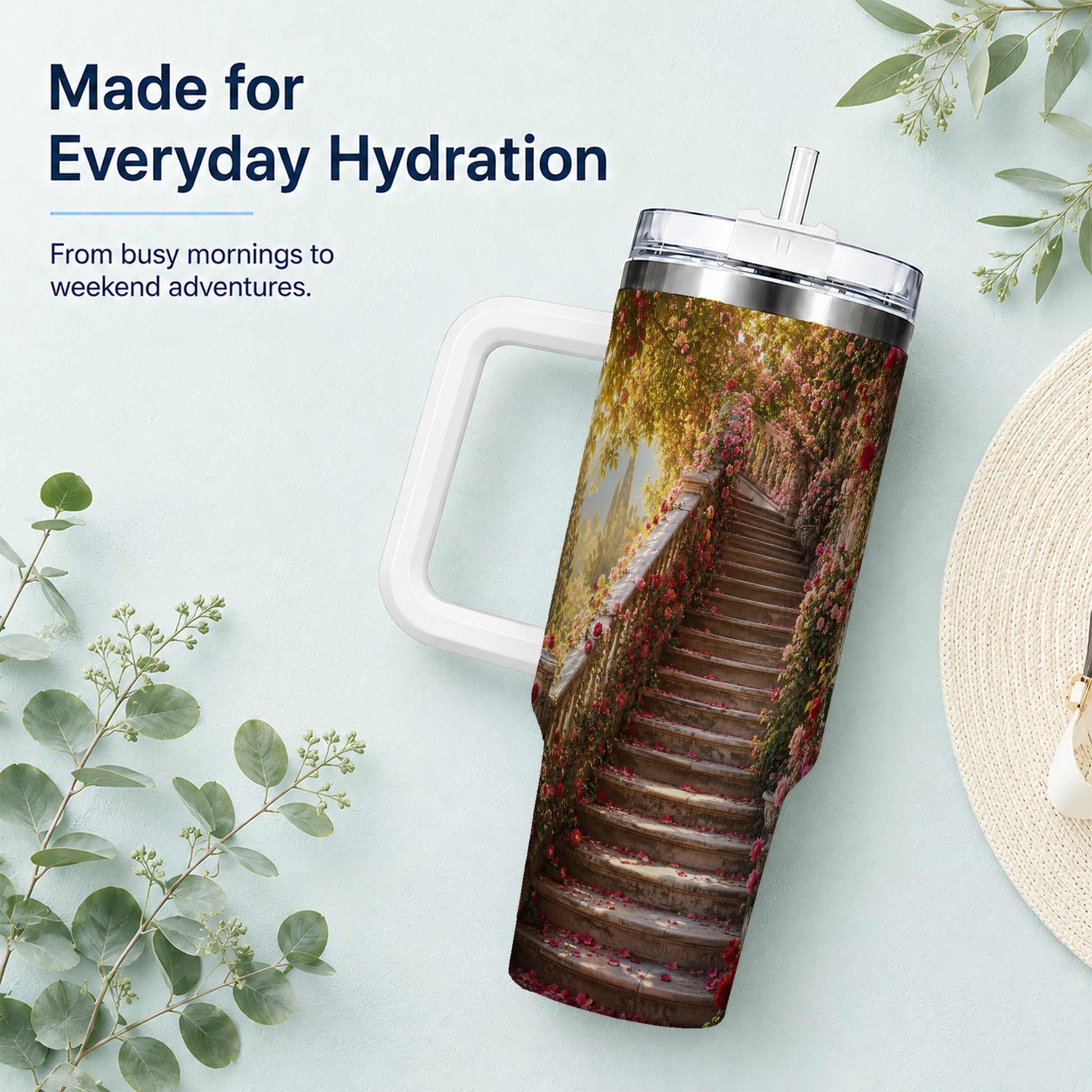 #pl[40oz|White] Rose Garden Staircase 40oz Tumbler with Handle, Romantic Garden Art