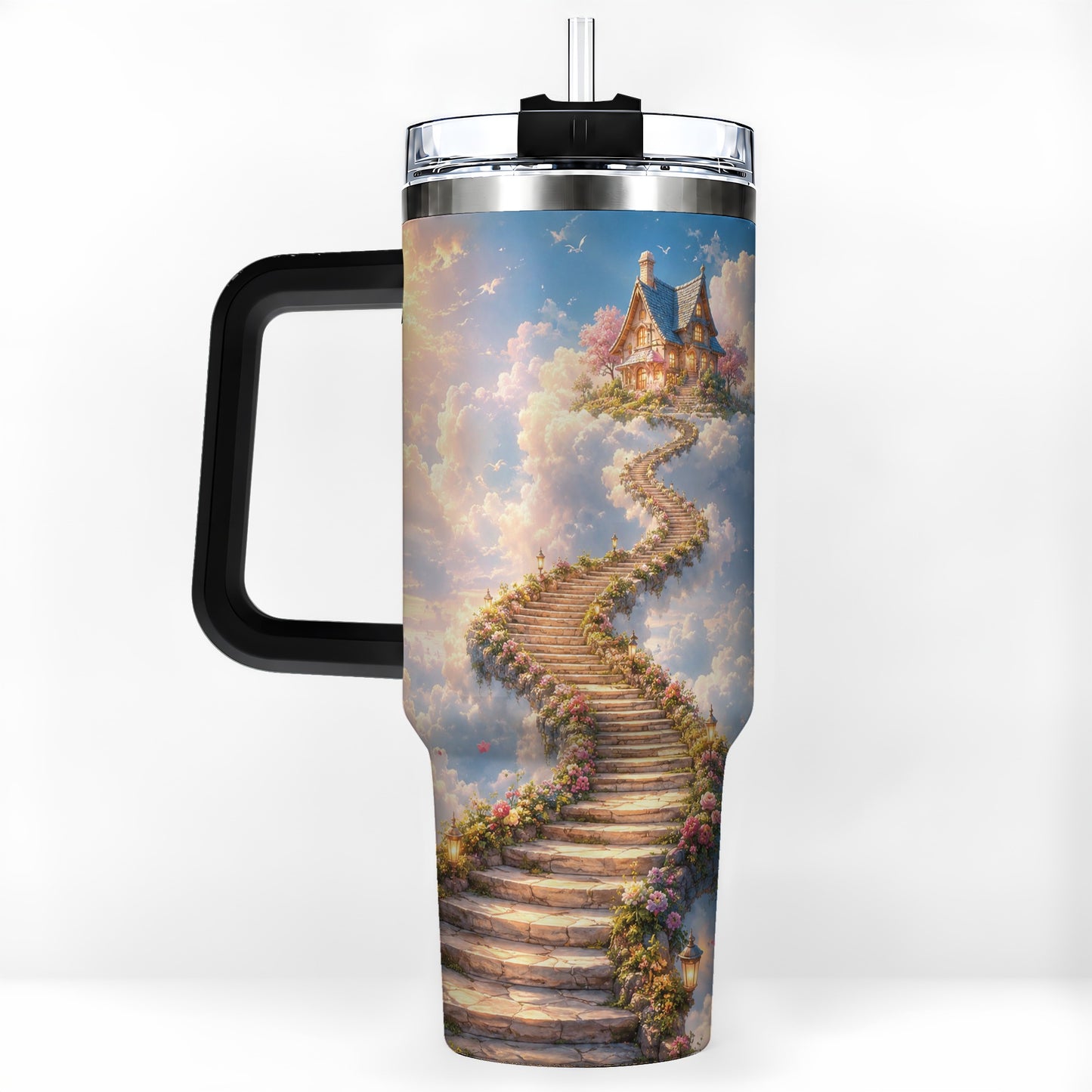 #pl[40oz|Black] Cloud Cottage Stairway 40oz Tumbler with Handle, Whimsical Sky Cottage Art