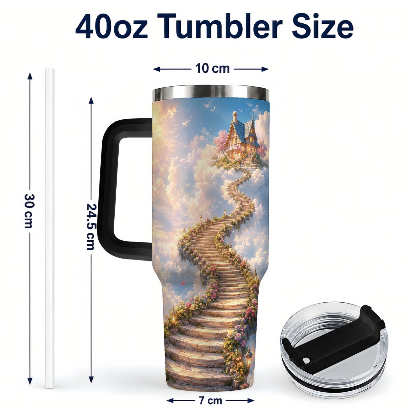 #pl[40oz|Black] Cloud Cottage Stairway 40oz Tumbler with Handle, Whimsical Sky Cottage Art