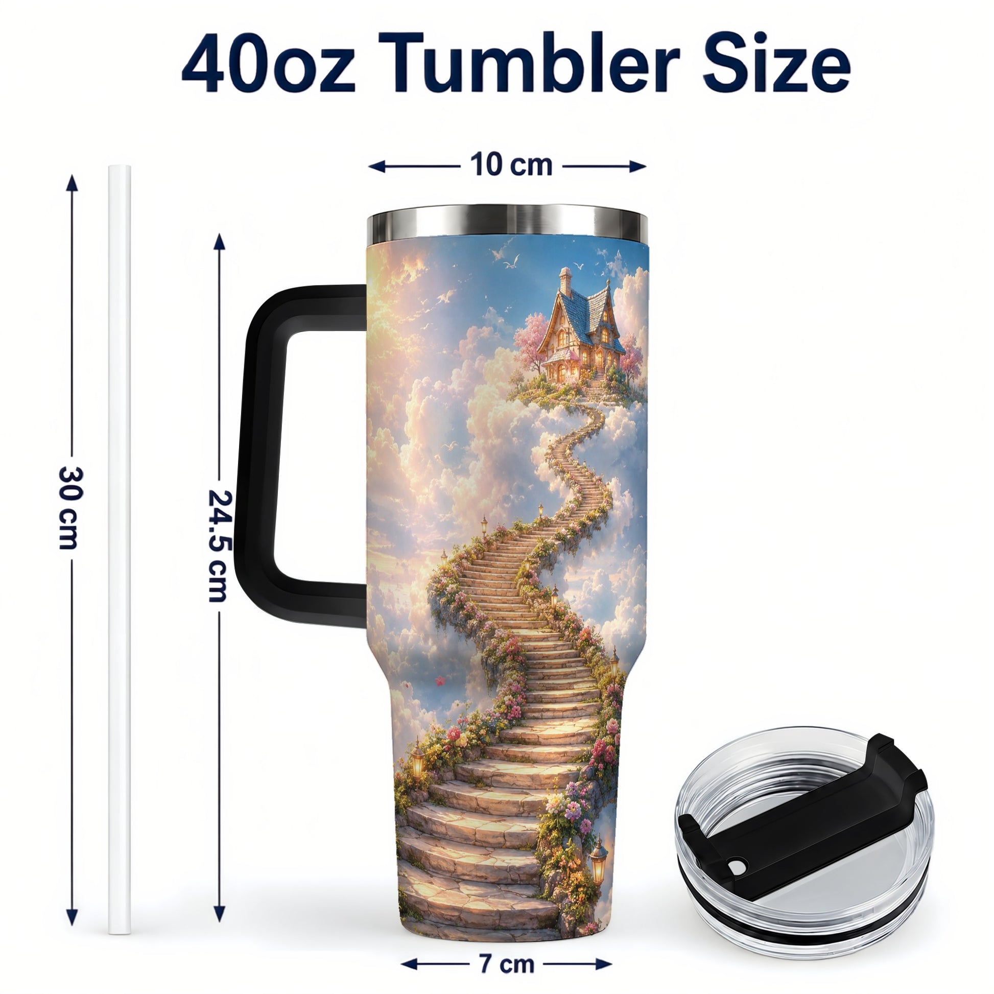 #pl[40oz|Black] Cloud Cottage Stairway 40oz Tumbler with Handle, Whimsical Sky Cottage Art