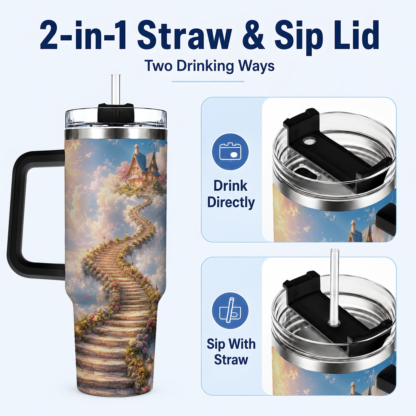 #pl[40oz|Black] Cloud Cottage Stairway 40oz Tumbler with Handle, Whimsical Sky Cottage Art