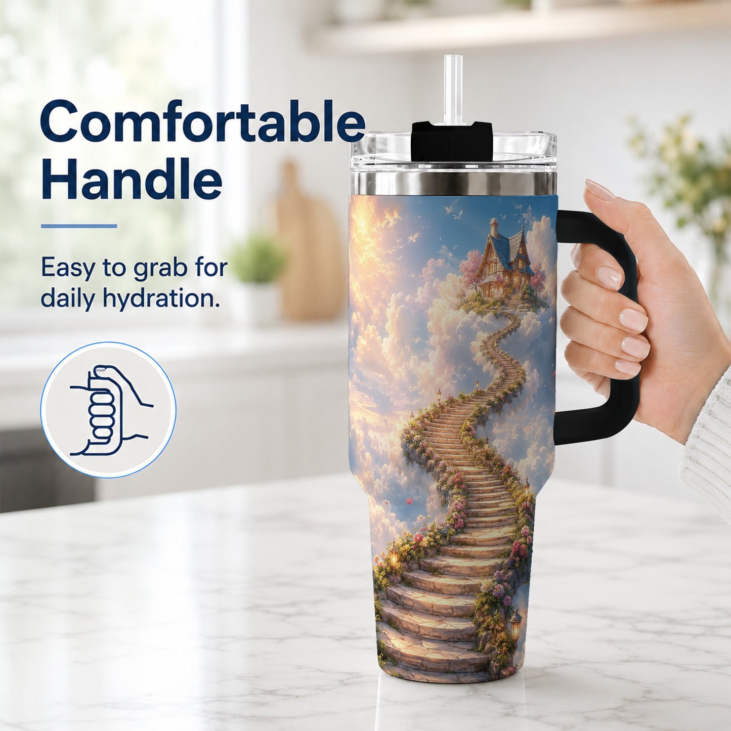 #pl[40oz|Black] Cloud Cottage Stairway 40oz Tumbler with Handle, Whimsical Sky Cottage Art