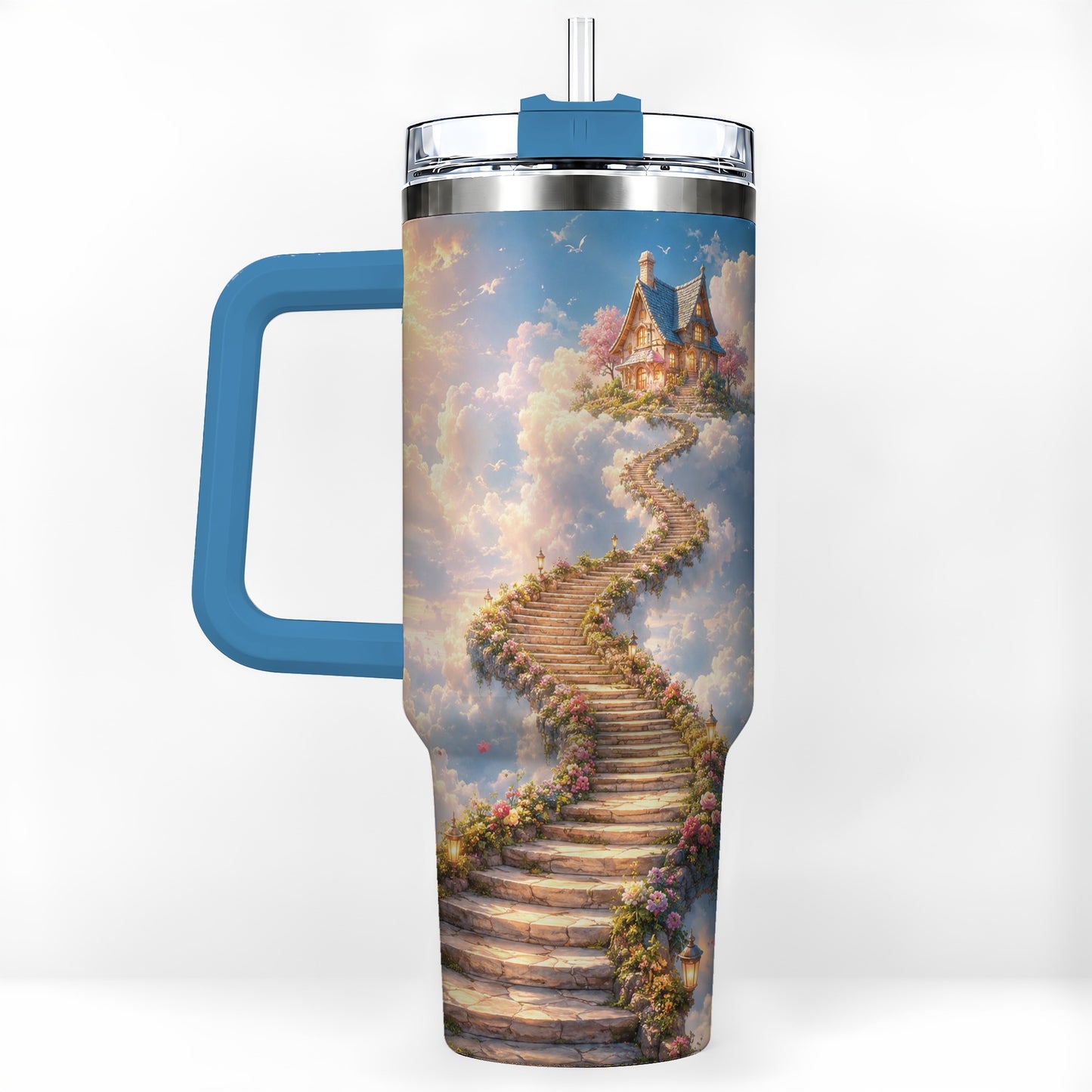 #pl[40oz|Blue] Cloud Cottage Stairway 40oz Tumbler with Handle, Whimsical Sky Cottage Art