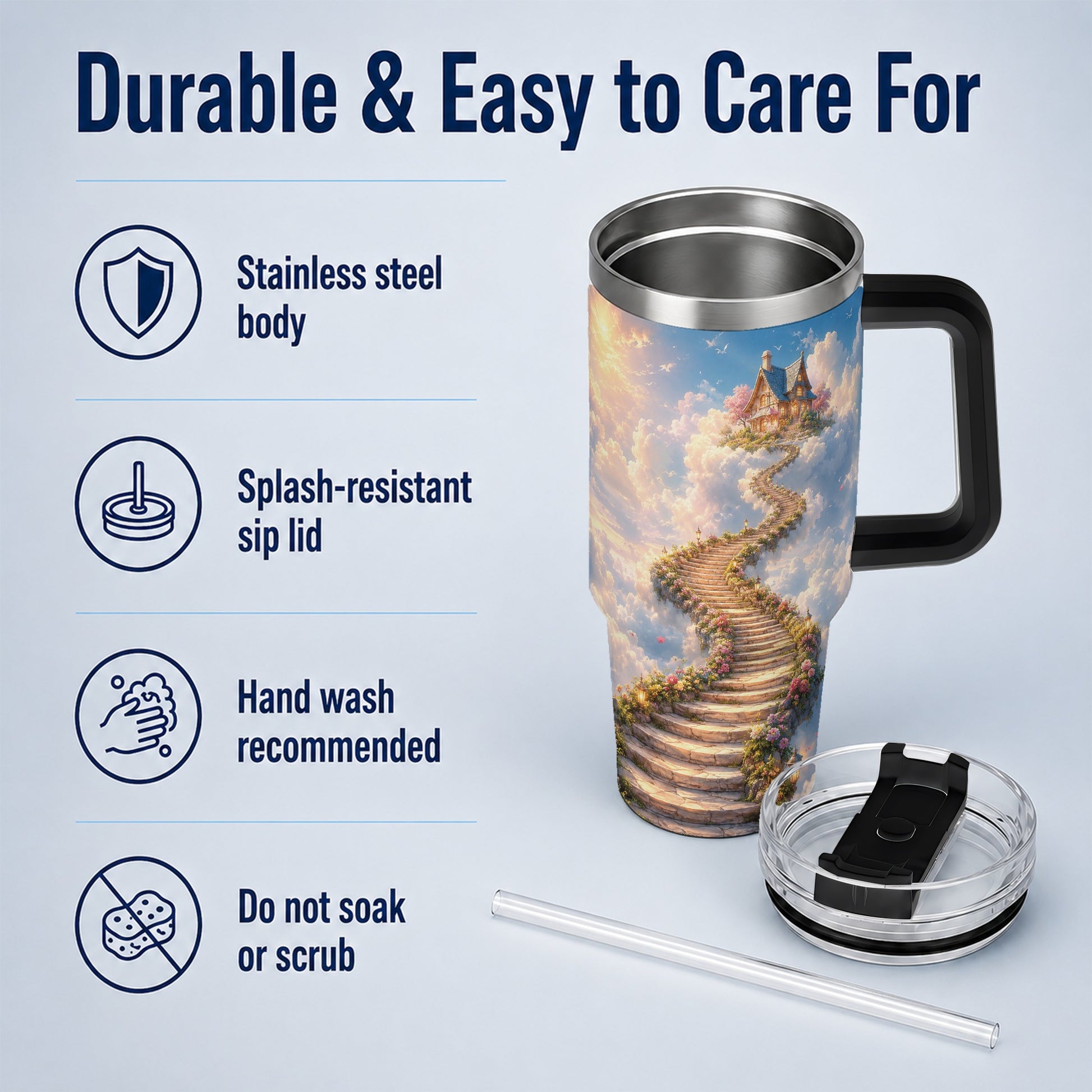 #pl[40oz|Black] Cloud Cottage Stairway 40oz Tumbler with Handle, Whimsical Sky Cottage Art