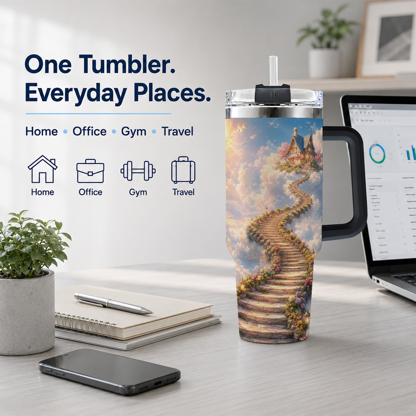 #pl[40oz|Black] Cloud Cottage Stairway 40oz Tumbler with Handle, Whimsical Sky Cottage Art