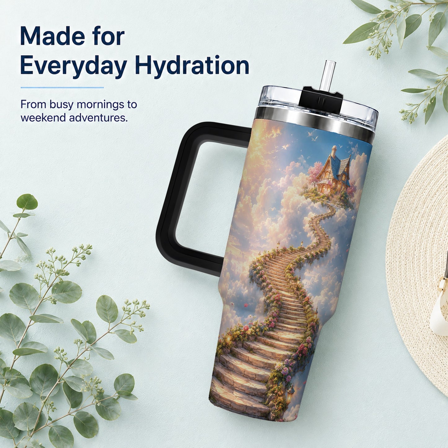 #pl[40oz|Black] Cloud Cottage Stairway 40oz Tumbler with Handle, Whimsical Sky Cottage Art