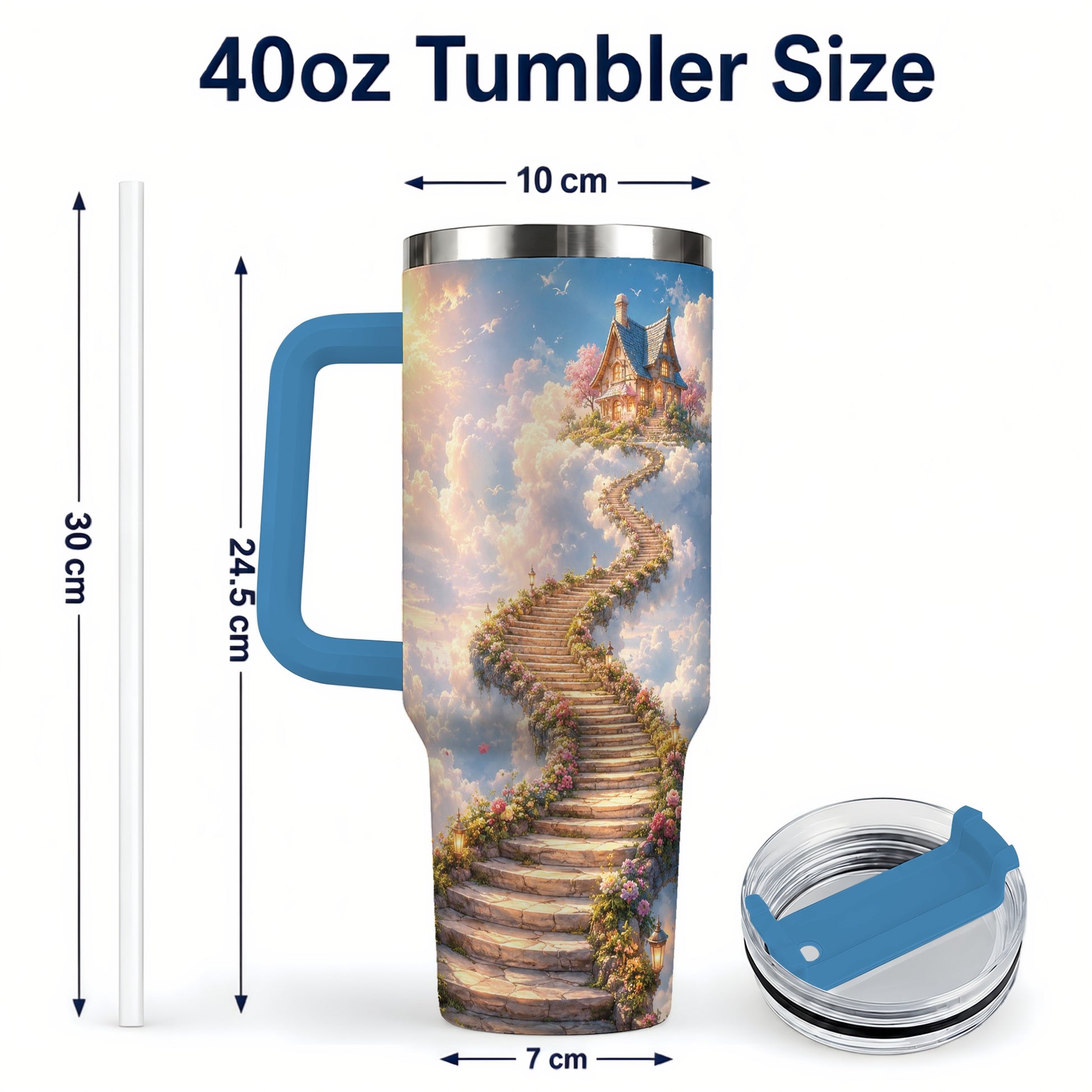 #pl[40oz|Blue] Cloud Cottage Stairway 40oz Tumbler with Handle, Whimsical Sky Cottage Art