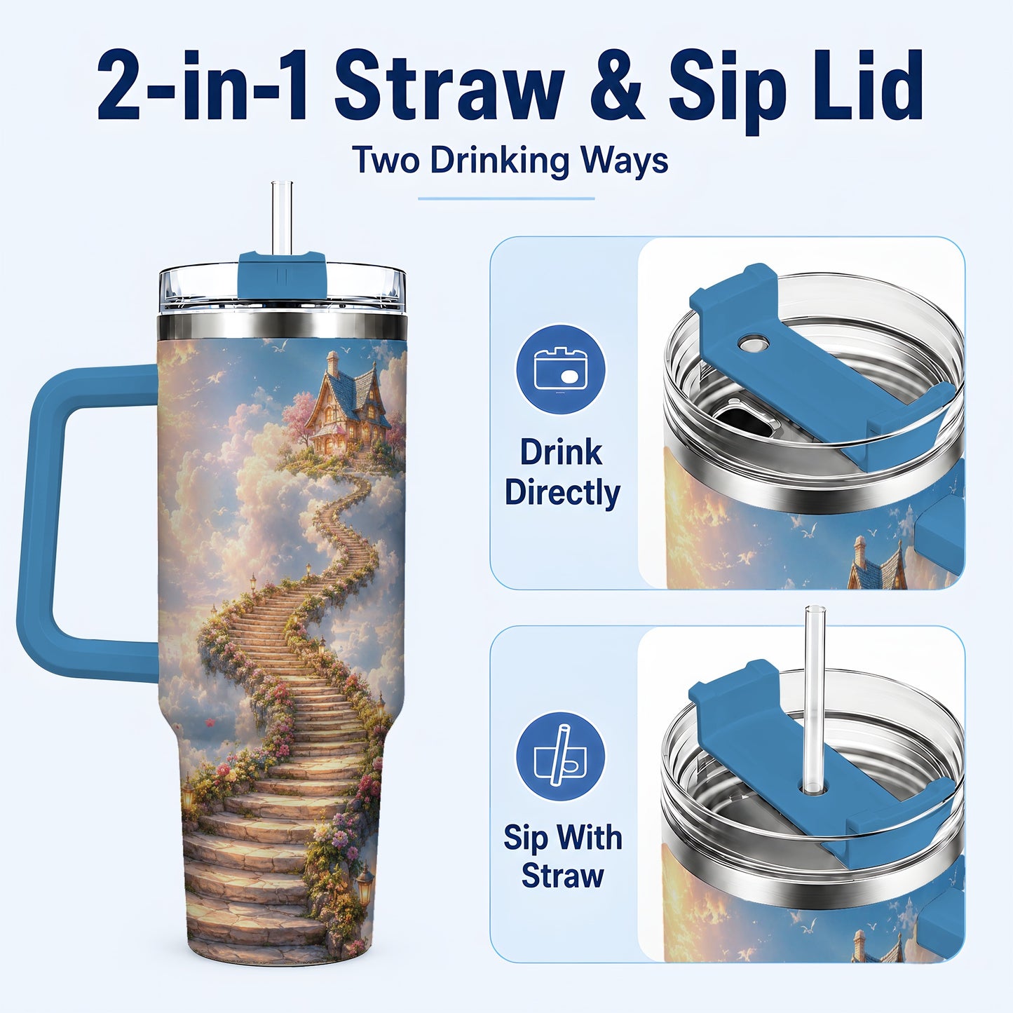 #pl[40oz|Blue] Cloud Cottage Stairway 40oz Tumbler with Handle, Whimsical Sky Cottage Art