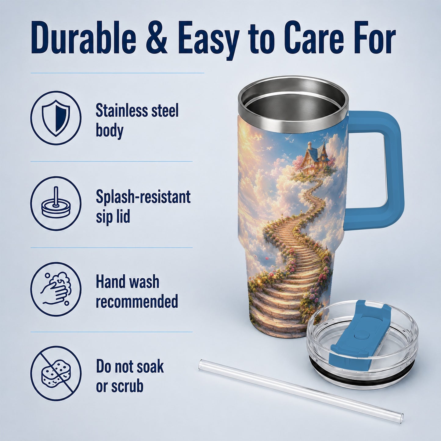 #pl[40oz|Blue] Cloud Cottage Stairway 40oz Tumbler with Handle, Whimsical Sky Cottage Art