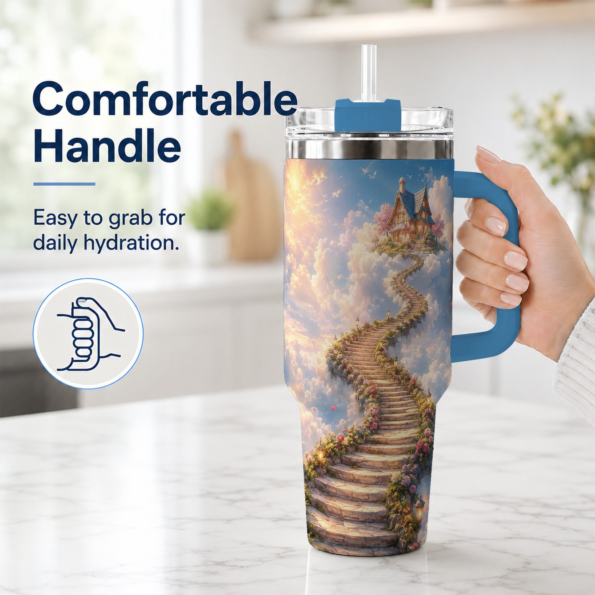 #pl[40oz|Blue] Cloud Cottage Stairway 40oz Tumbler with Handle, Whimsical Sky Cottage Art