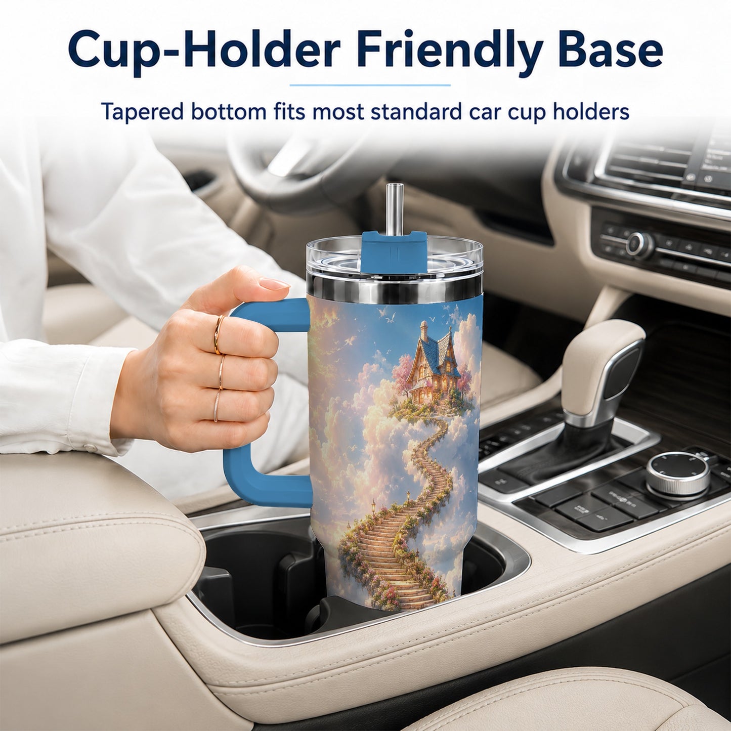 #pl[40oz|Blue] Cloud Cottage Stairway 40oz Tumbler with Handle, Whimsical Sky Cottage Art