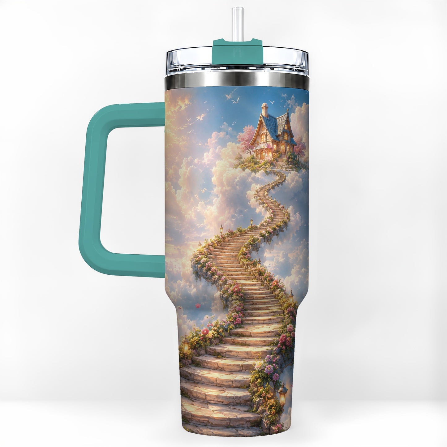#pl[40oz|Green] Cloud Cottage Stairway 40oz Tumbler with Handle, Whimsical Sky Cottage Art