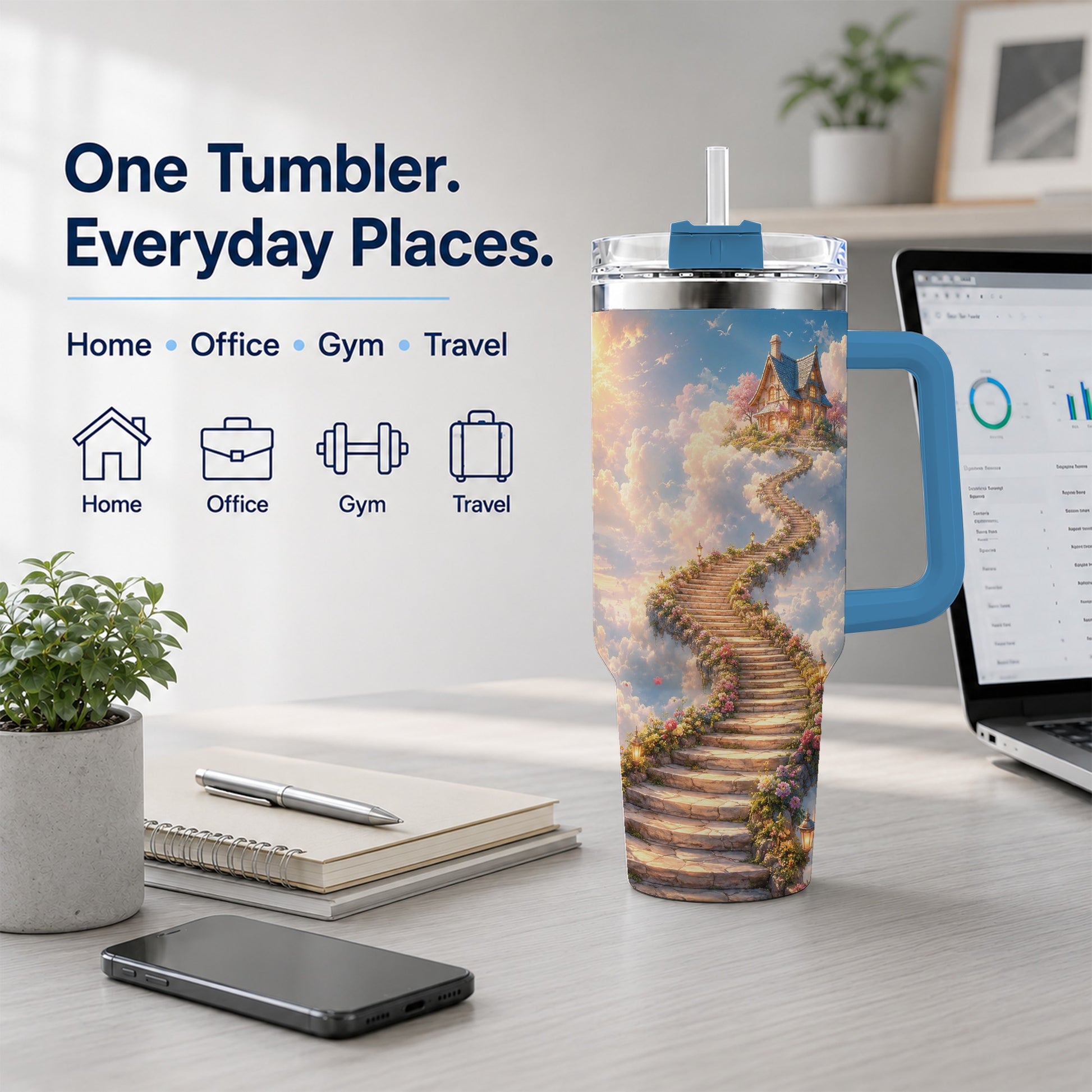 #pl[40oz|Blue] Cloud Cottage Stairway 40oz Tumbler with Handle, Whimsical Sky Cottage Art