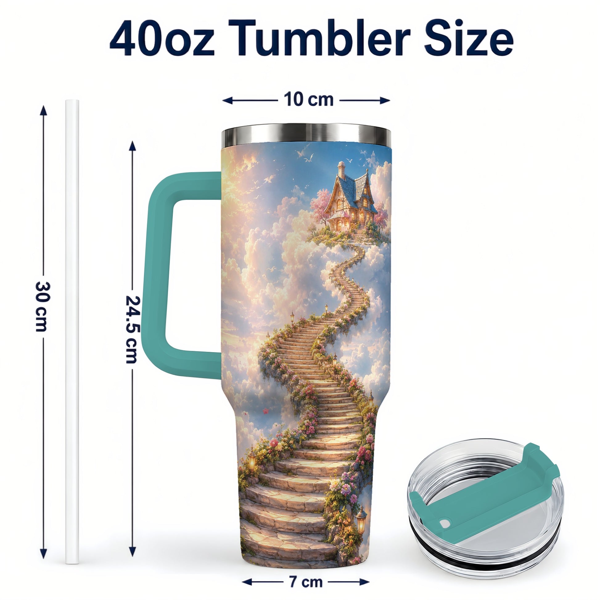 #pl[40oz|Green] Cloud Cottage Stairway 40oz Tumbler with Handle, Whimsical Sky Cottage Art