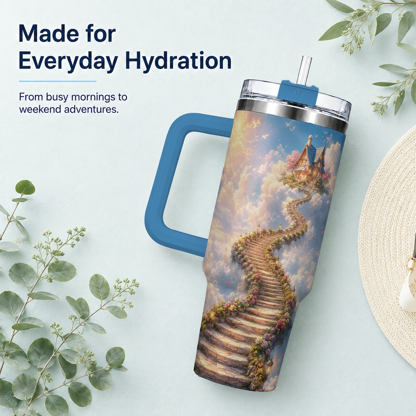 #pl[40oz|Blue] Cloud Cottage Stairway 40oz Tumbler with Handle, Whimsical Sky Cottage Art