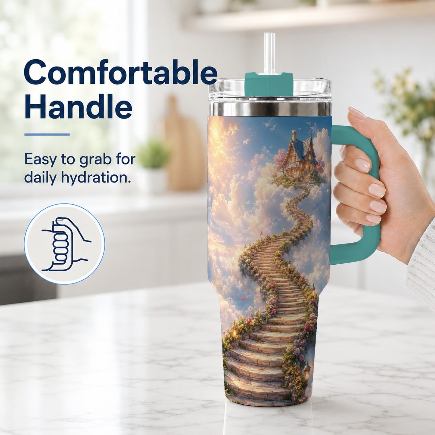 #pl[40oz|Green] Cloud Cottage Stairway 40oz Tumbler with Handle, Whimsical Sky Cottage Art