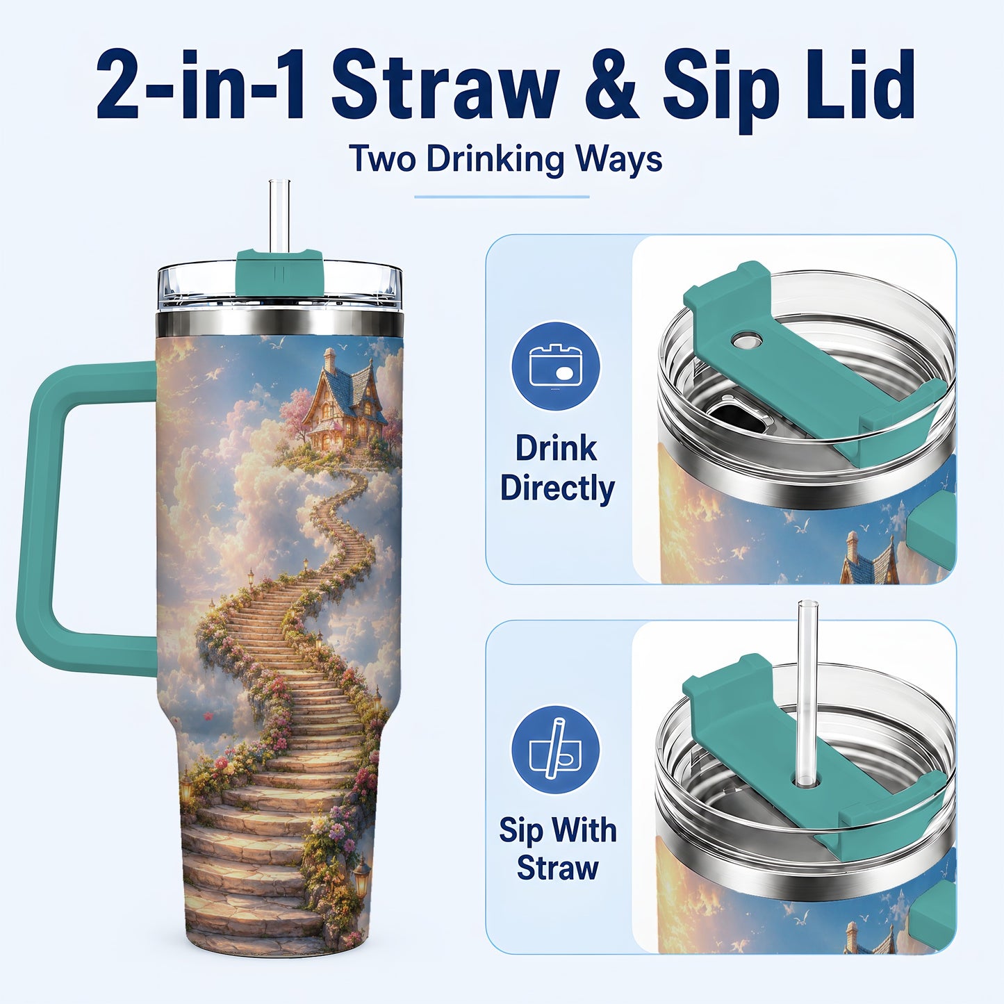 #pl[40oz|Green] Cloud Cottage Stairway 40oz Tumbler with Handle, Whimsical Sky Cottage Art