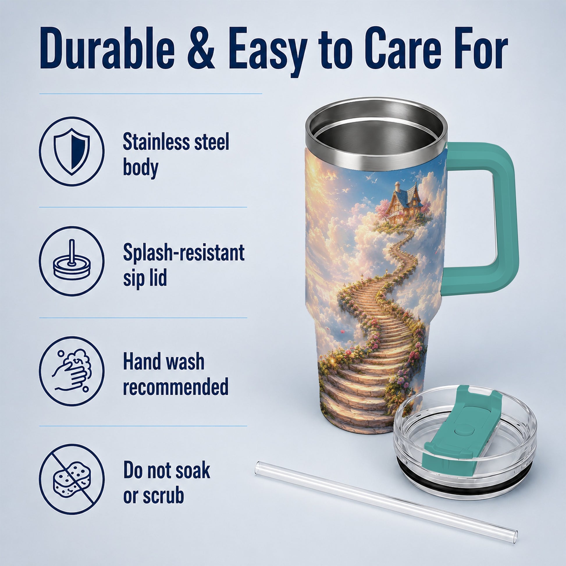 #pl[40oz|Green] Cloud Cottage Stairway 40oz Tumbler with Handle, Whimsical Sky Cottage Art