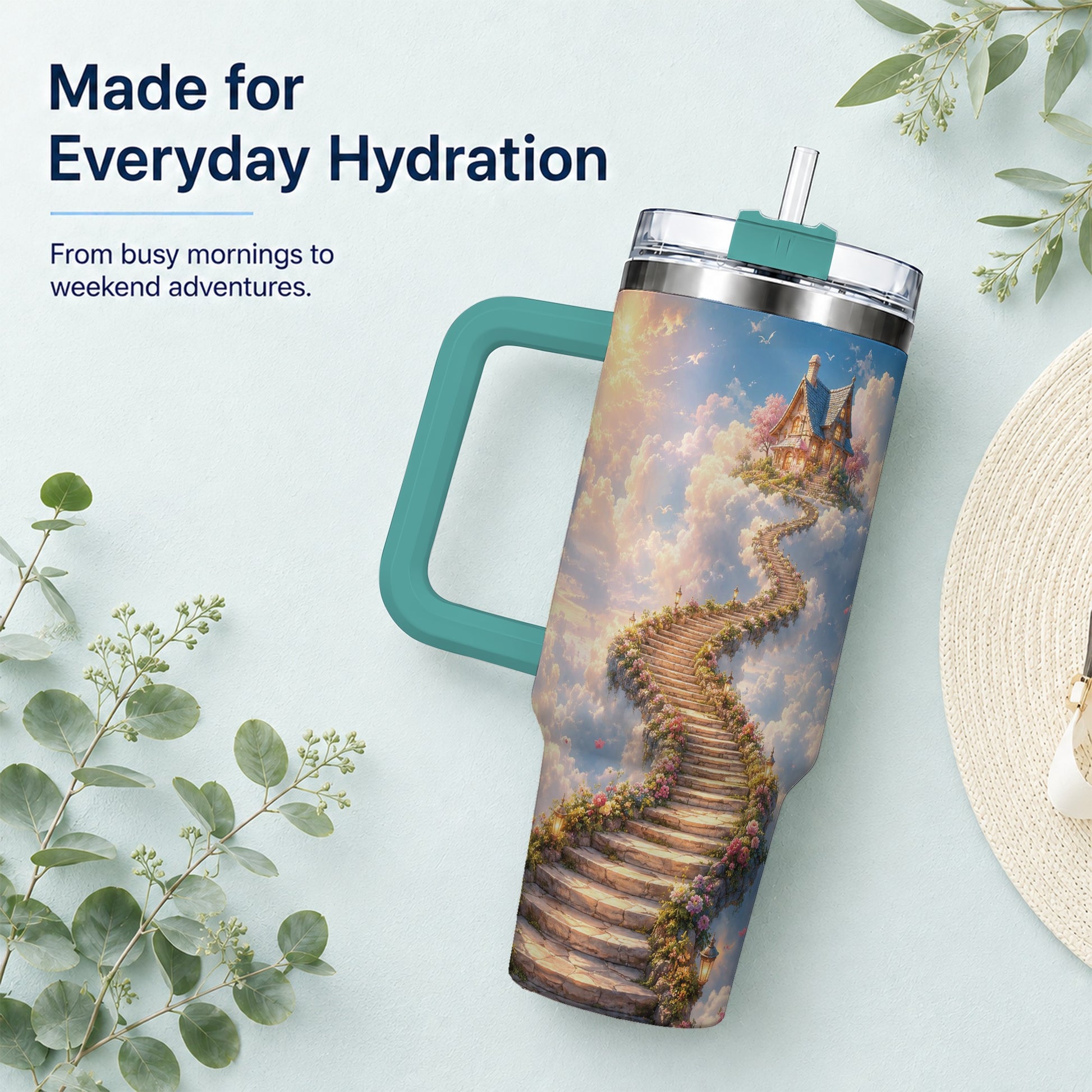#pl[40oz|Green] Cloud Cottage Stairway 40oz Tumbler with Handle, Whimsical Sky Cottage Art