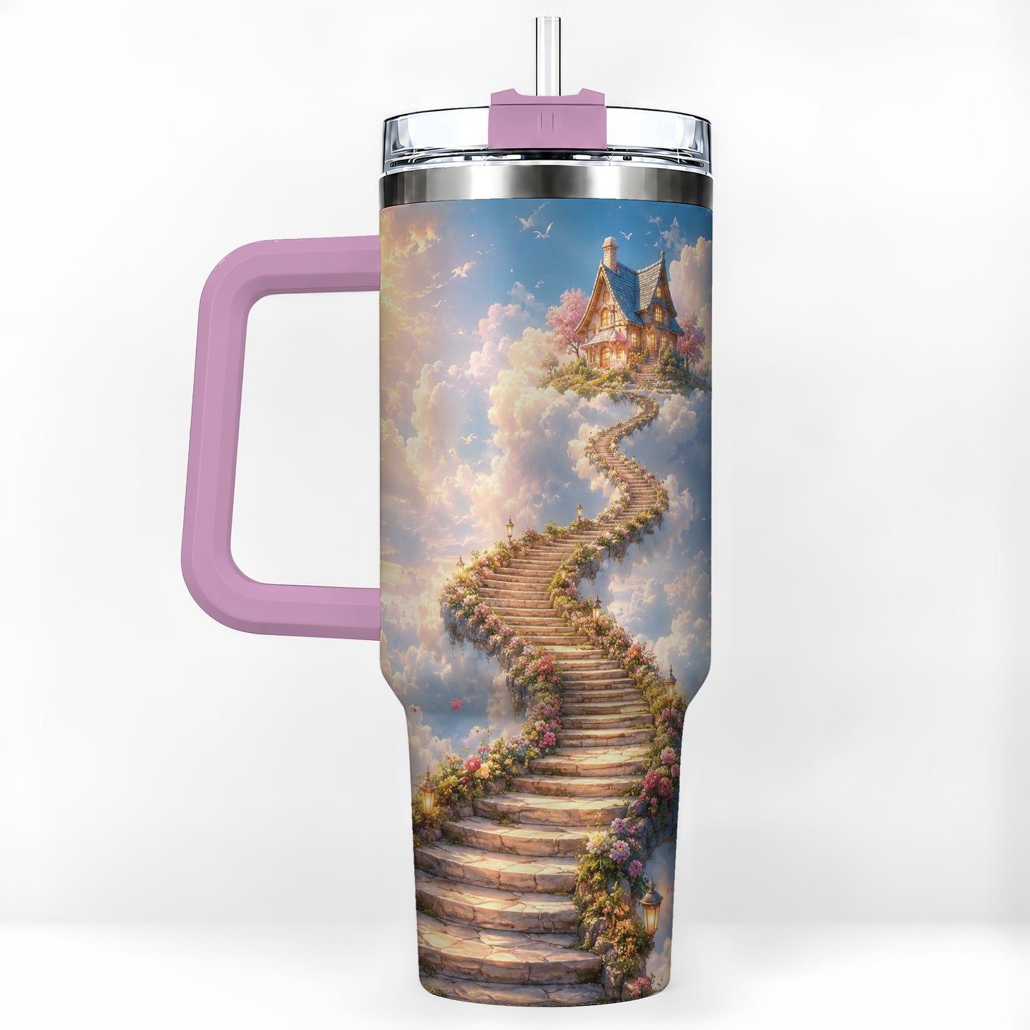 #pl[40oz|Pink] Cloud Cottage Stairway 40oz Tumbler with Handle, Whimsical Sky Cottage Art