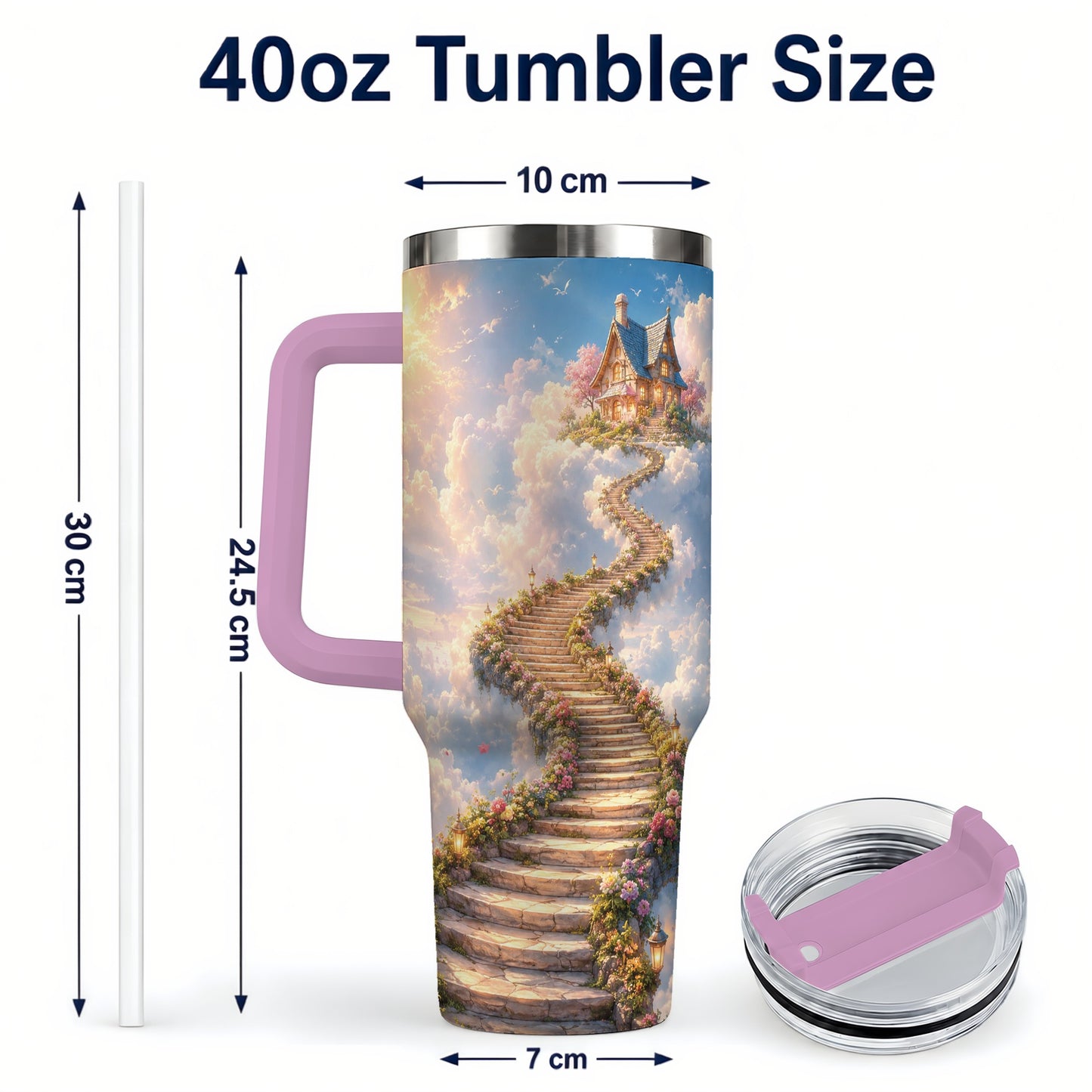#pl[40oz|Pink] Cloud Cottage Stairway 40oz Tumbler with Handle, Whimsical Sky Cottage Art