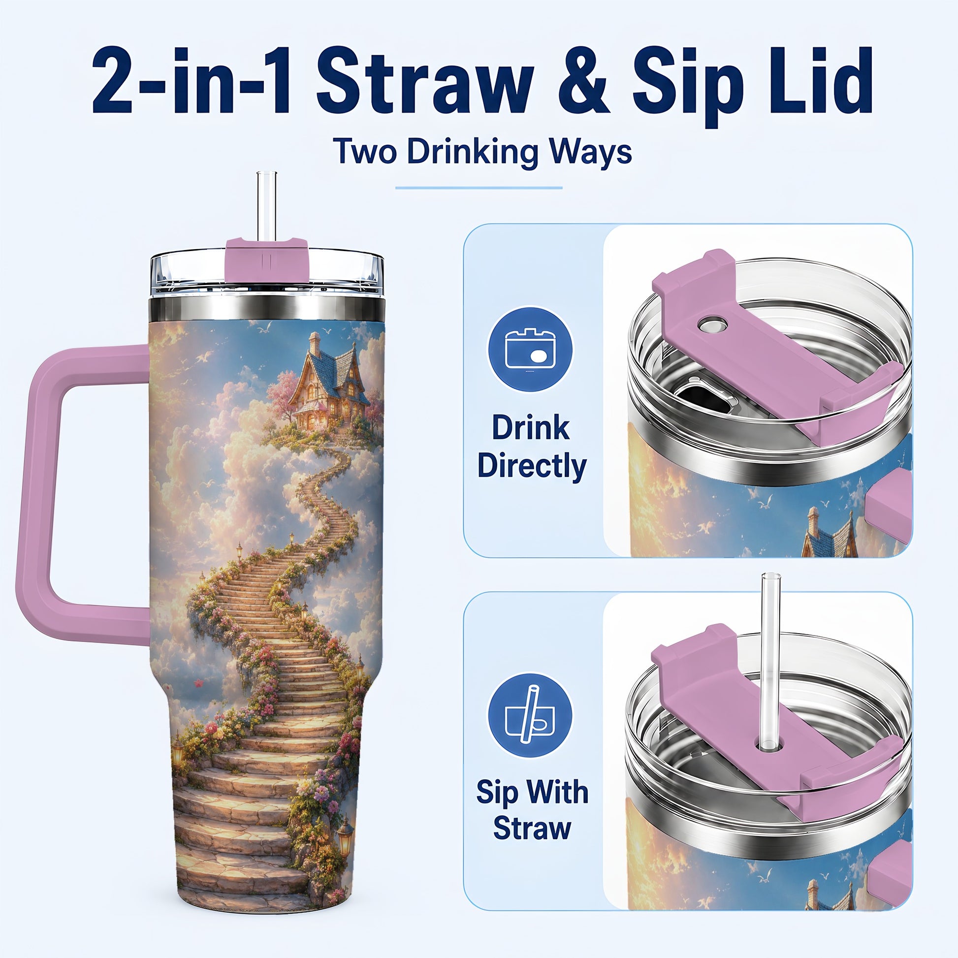 #pl[40oz|Pink] Cloud Cottage Stairway 40oz Tumbler with Handle, Whimsical Sky Cottage Art