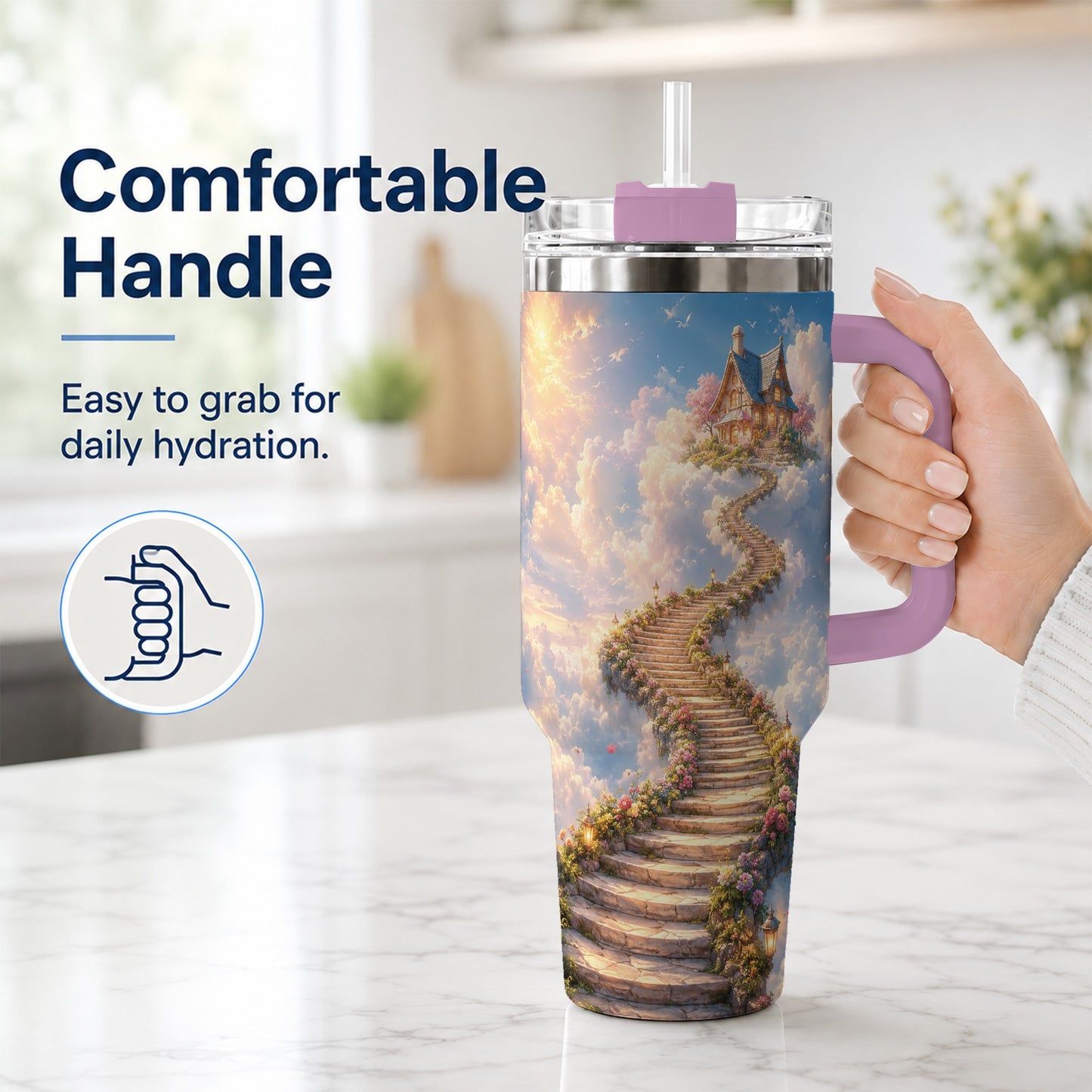 #pl[40oz|Pink] Cloud Cottage Stairway 40oz Tumbler with Handle, Whimsical Sky Cottage Art