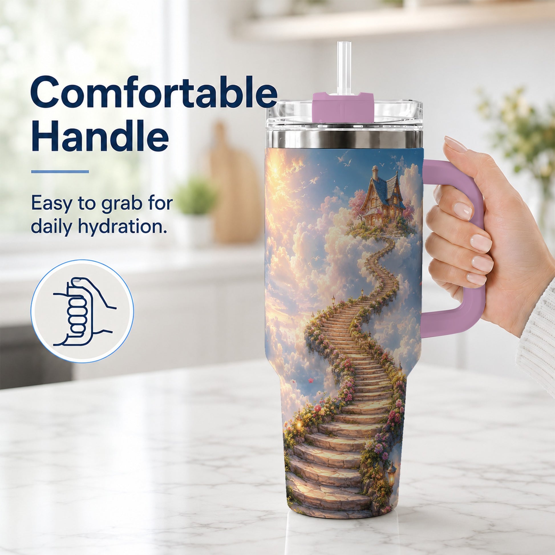 #pl[40oz|Pink] Cloud Cottage Stairway 40oz Tumbler with Handle, Whimsical Sky Cottage Art