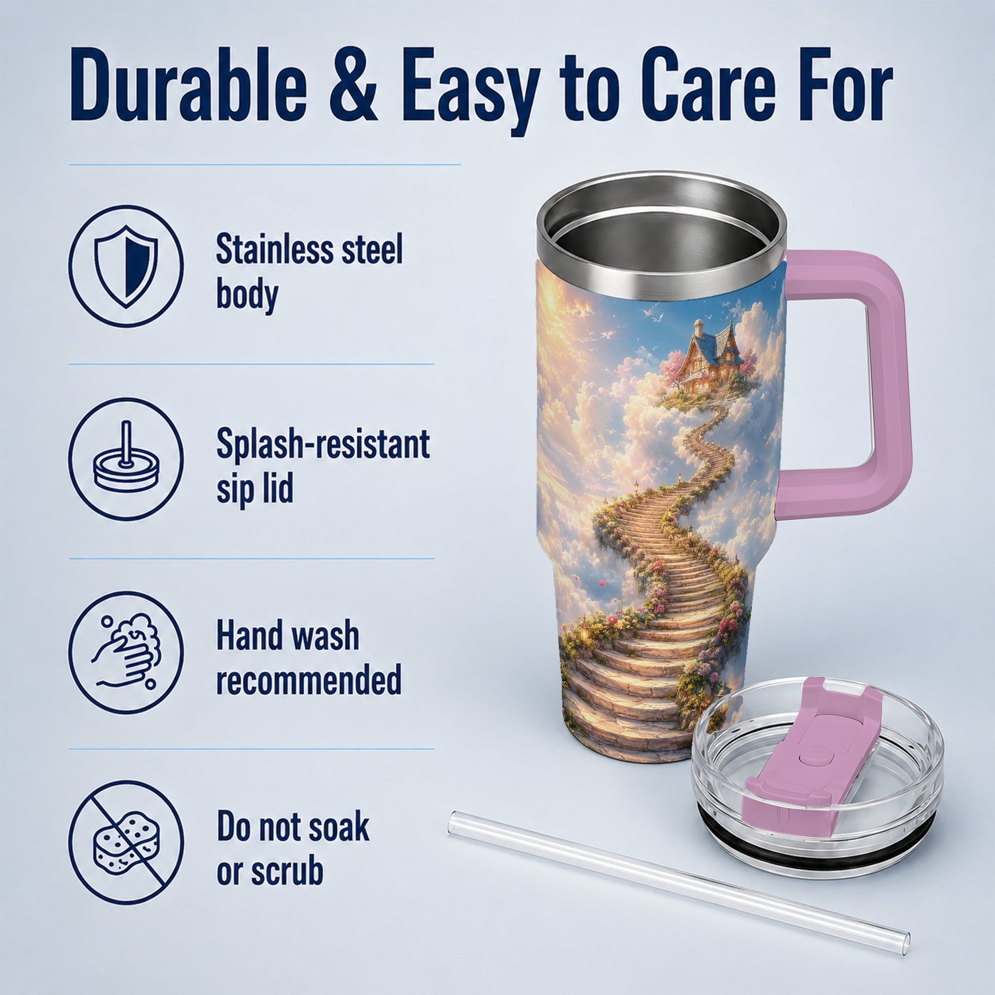 #pl[40oz|Pink] Cloud Cottage Stairway 40oz Tumbler with Handle, Whimsical Sky Cottage Art