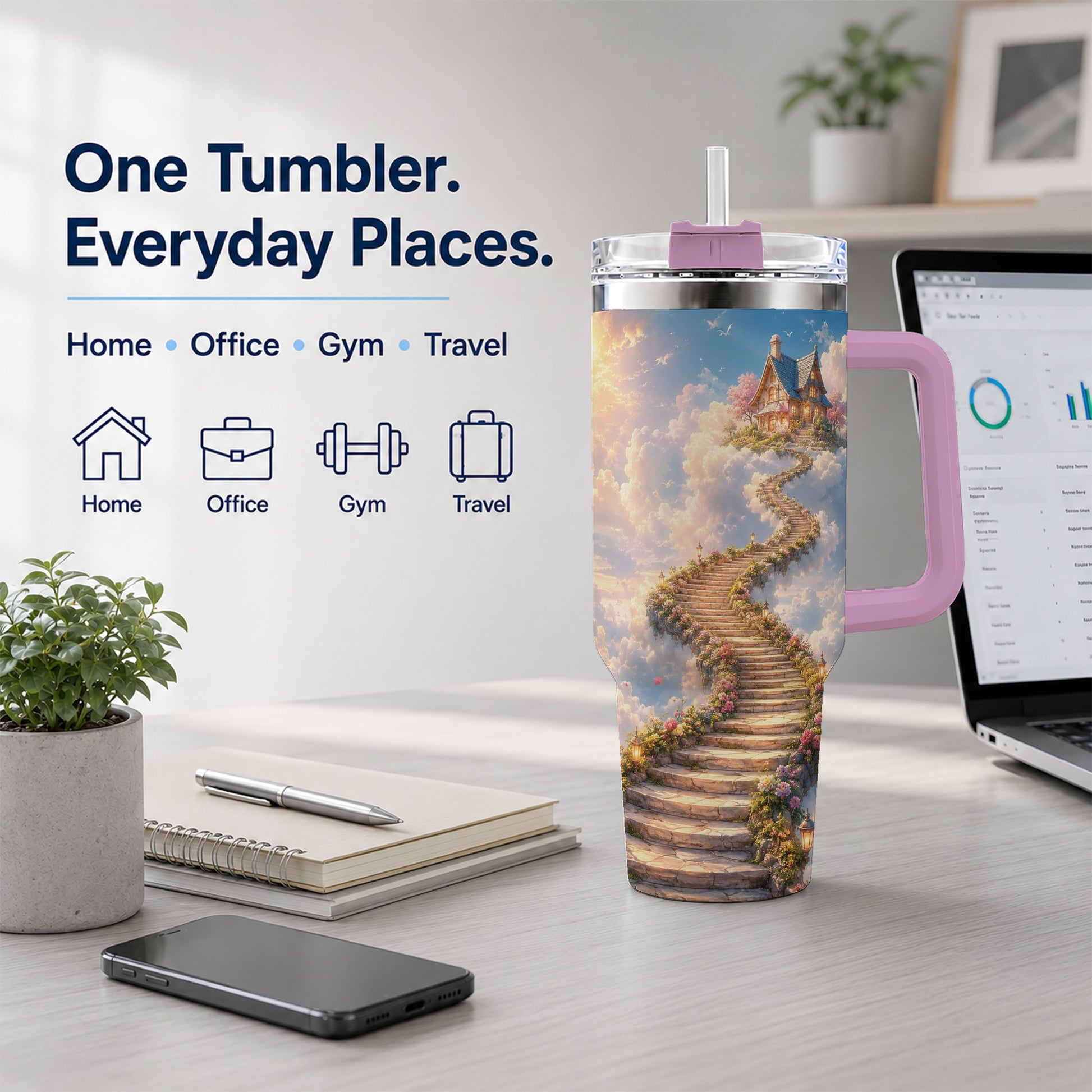 #pl[40oz|Pink] Cloud Cottage Stairway 40oz Tumbler with Handle, Whimsical Sky Cottage Art