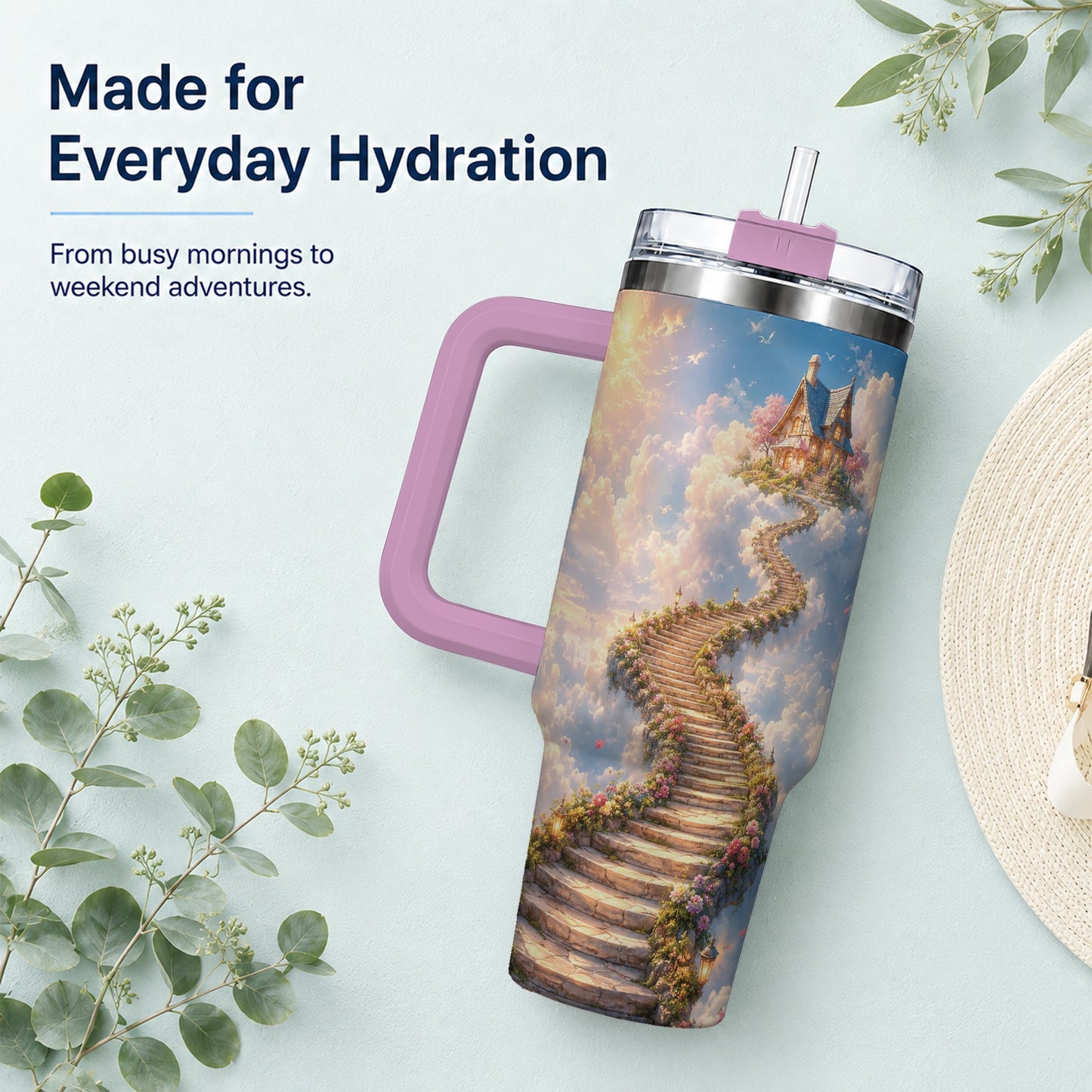 #pl[40oz|Pink] Cloud Cottage Stairway 40oz Tumbler with Handle, Whimsical Sky Cottage Art