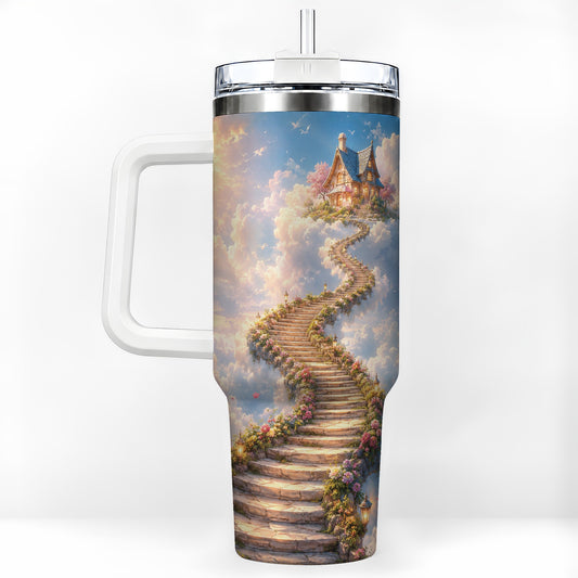 Cloud Cottage Stairway 40oz Tumbler with Handle, Whimsical Sky Cottage Art