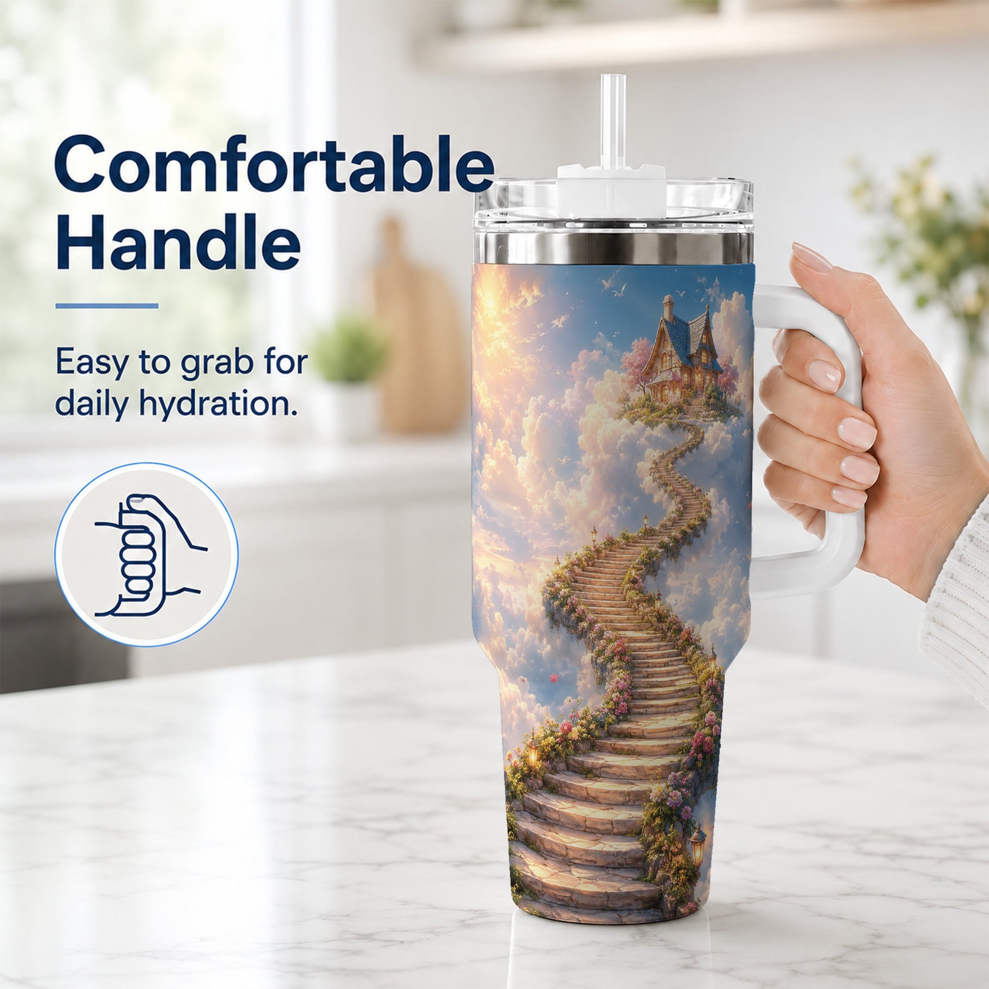 #pl[40oz|White] Cloud Cottage Stairway 40oz Tumbler with Handle, Whimsical Sky Cottage Art