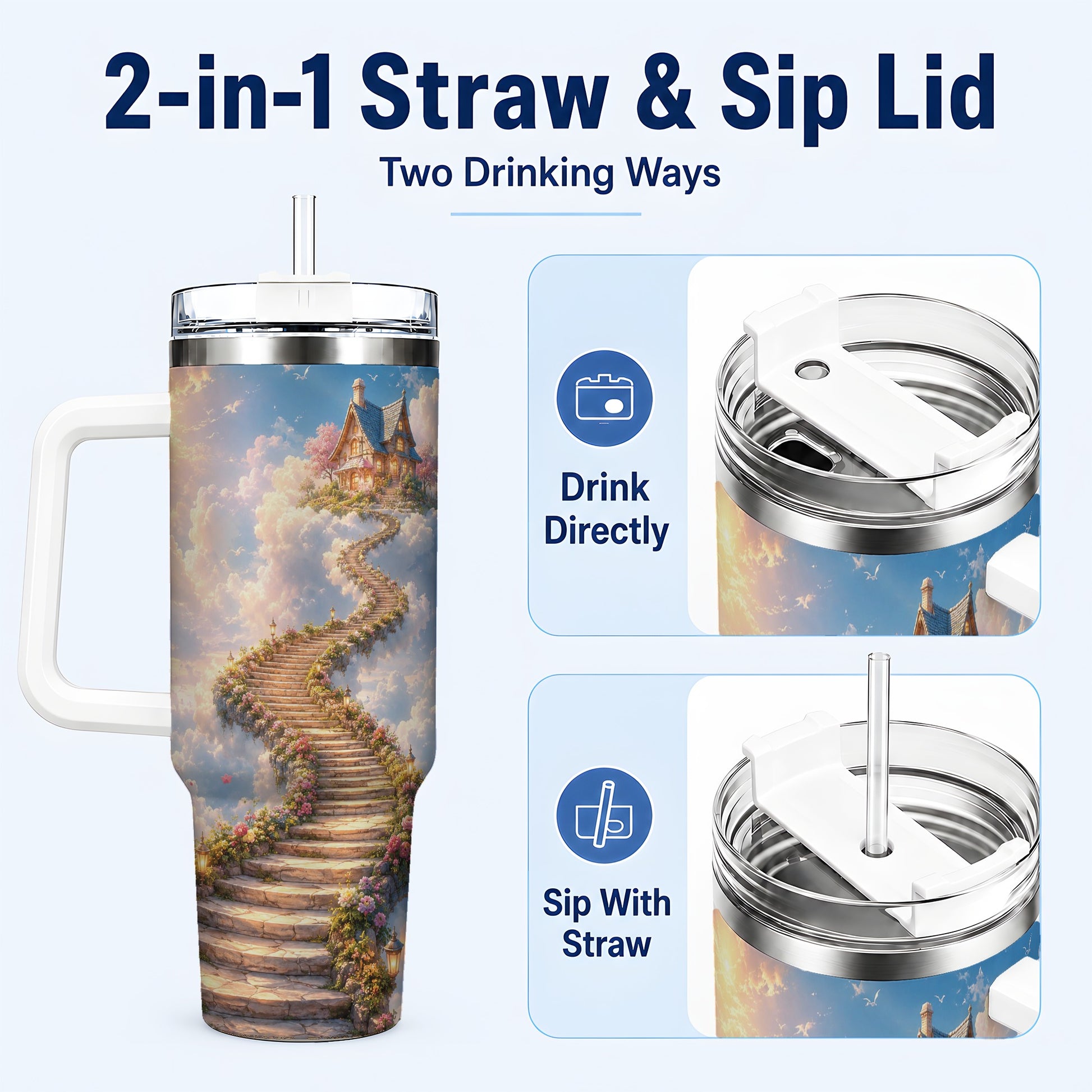 #pl[40oz|White] Cloud Cottage Stairway 40oz Tumbler with Handle, Whimsical Sky Cottage Art
