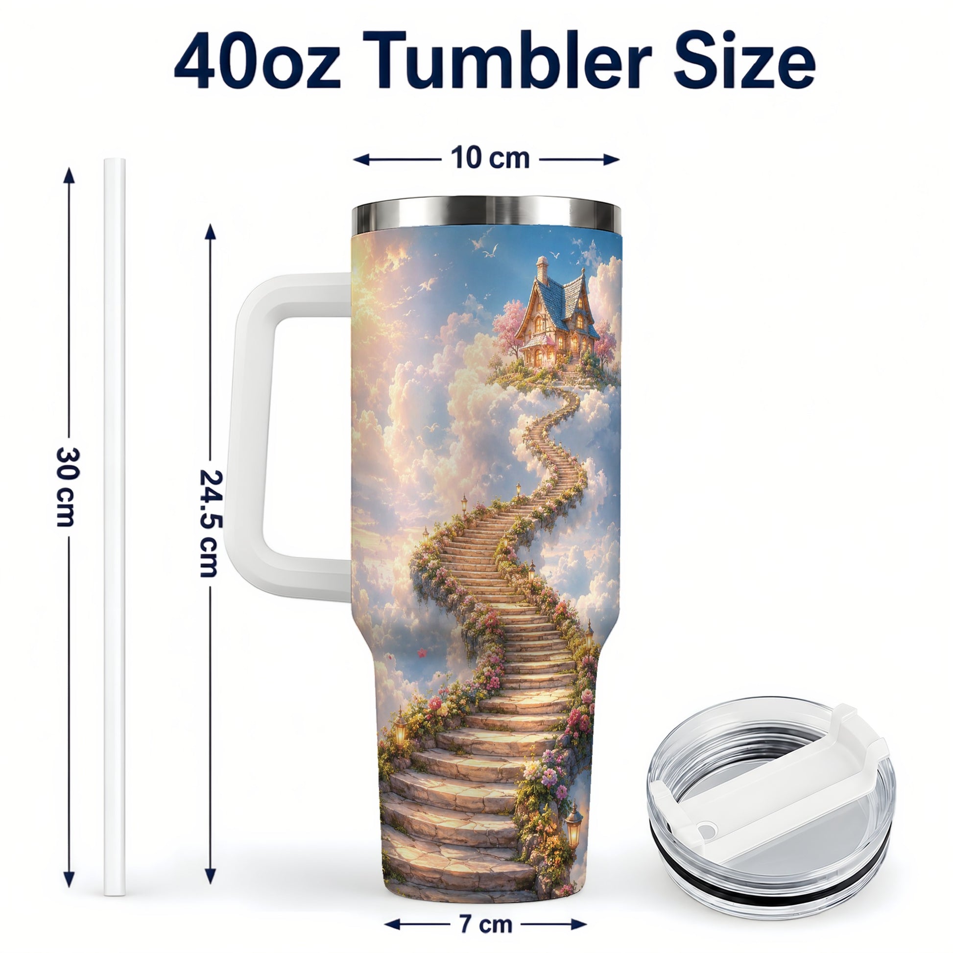 #pl[40oz|White] Cloud Cottage Stairway 40oz Tumbler with Handle, Whimsical Sky Cottage Art