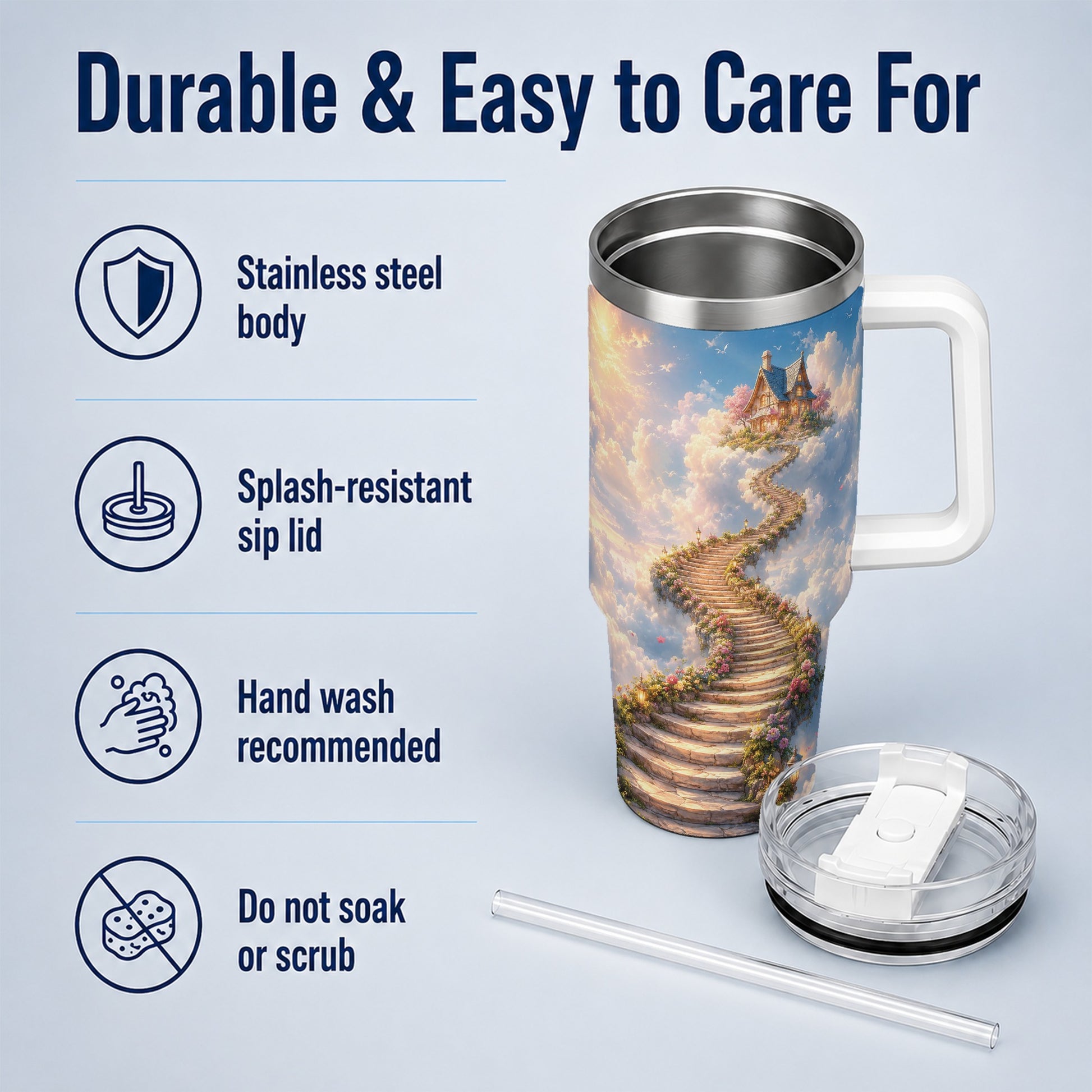 #pl[40oz|White] Cloud Cottage Stairway 40oz Tumbler with Handle, Whimsical Sky Cottage Art